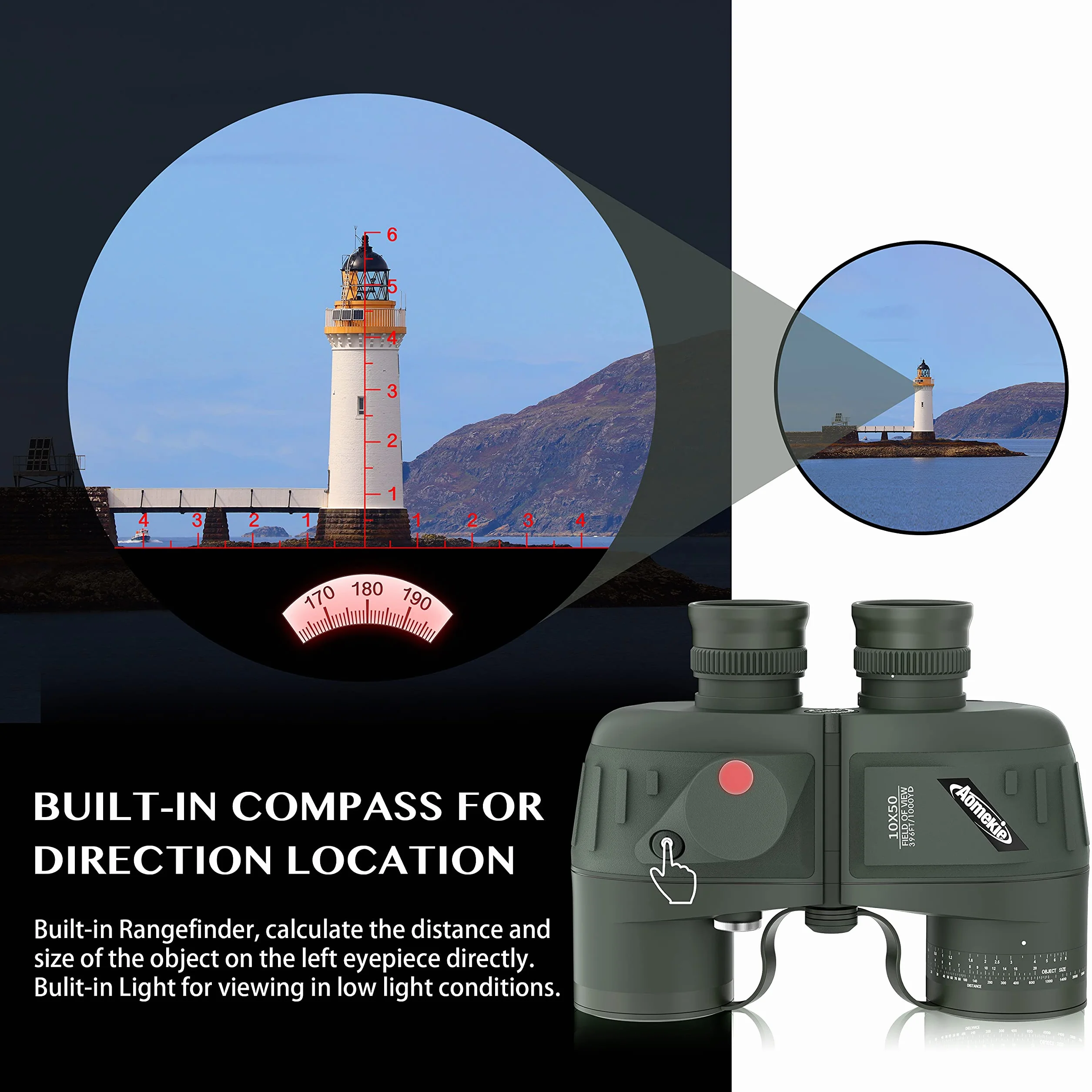 Aomekie Binocolo Professionale 10x50 Impermeabile Militare Professionale Con Bussola Multifunzione Oscillante Adatto Al Bird Watching Caccia Vela Con Tracolla e Pacchetto