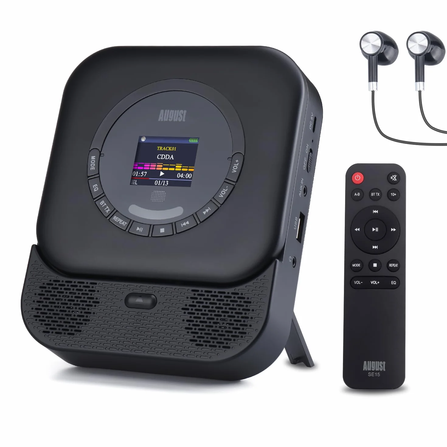 August SE15 Lettore CD Portatile Bluetooth 5.3 USB AUX 6W Batteria Ricaricabile EQ Antiurto Montaggio a Parete