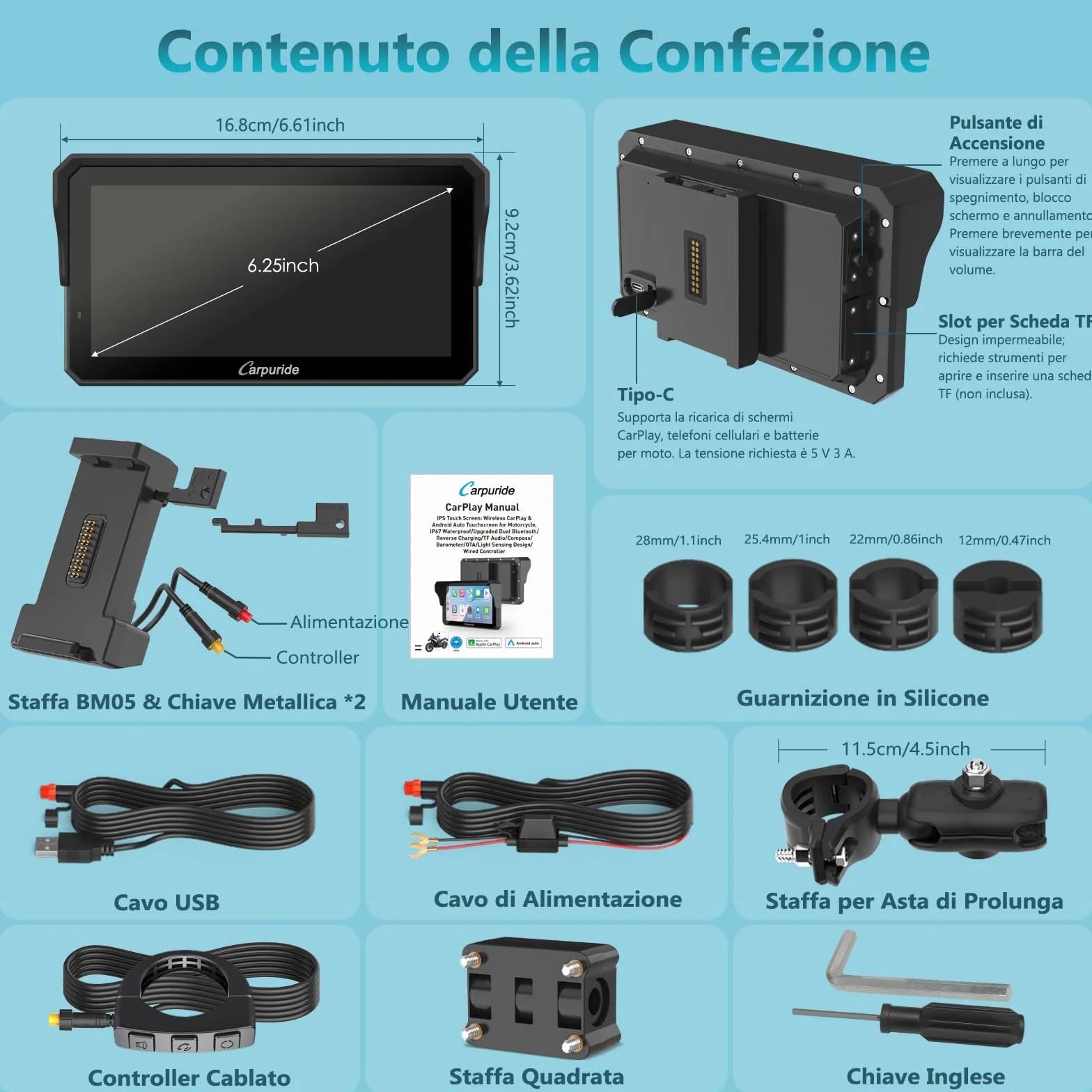 Carpuride W602S Pro Moto Carplay Schermo con BM05 per Plug-and-Play, Senza Fili CarPlay e Android Auto, 6,25" Impermeabile Touchscreen, OTA, Doppio Bluetooth, Interfono Funzione, Cablato Controller.