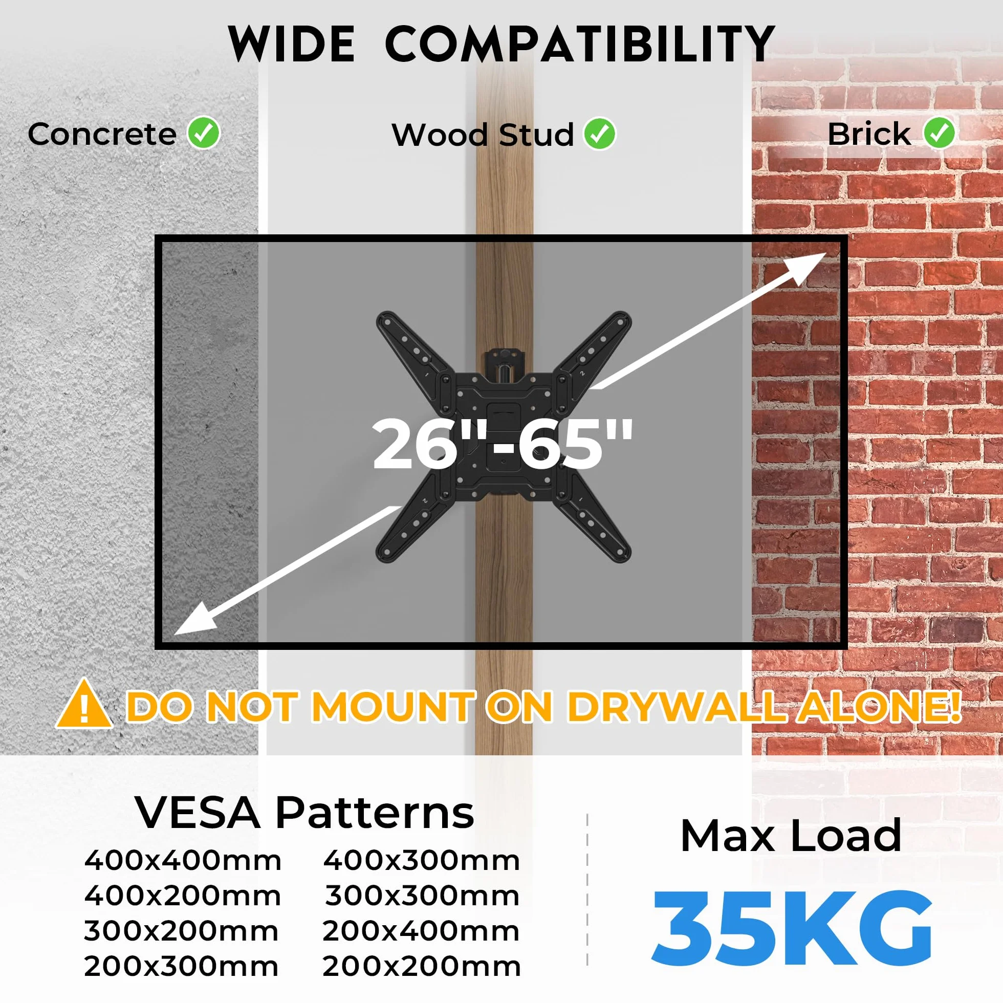 BONTEC Supporto TV da Parete 26-65" Staffa Orientabile Inclinabile Braccio Estensibile 950mm VESA 400x400mm Portata 35 kg