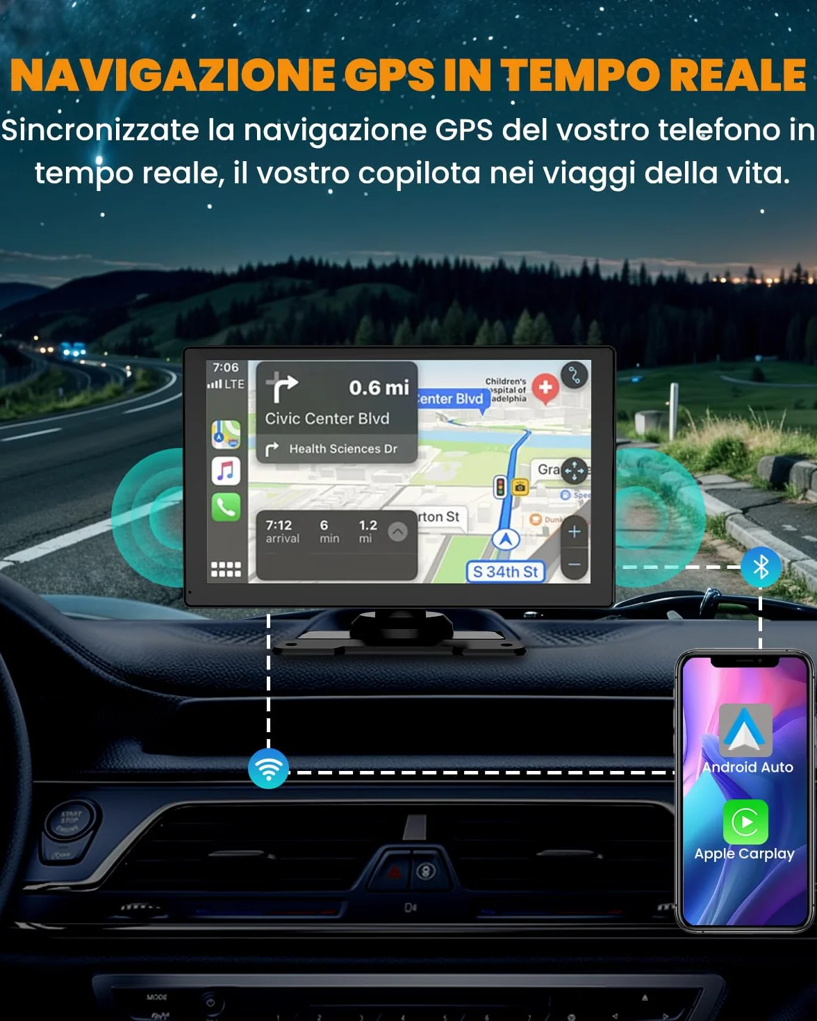 Carplay Auto, 9" Android Auto Wireless, Autoradio Bluetooth con Schermo con 1080P Telecamere Posteriori e Anteriori, Navigazione GPS, Controllo Vocale a Mani Libere, Mirror Link, AUX, FM
