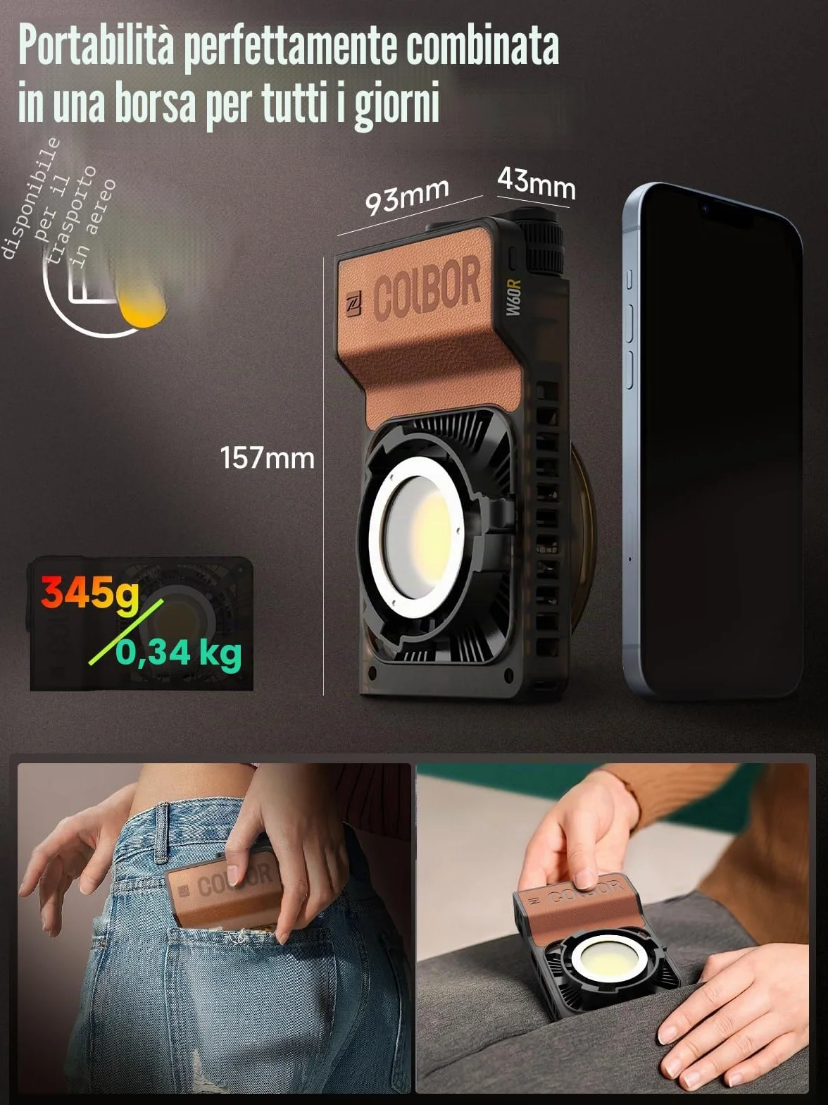 COLBOR Wonder W60R 60W RGB Luce Video Portatile 345g Illuminazione Continua Controllo APP con DC/Tipo C per Interni ed Esterni Filming Interviste Live Streaming, Luce-Video-Fotografia-LED-RGB