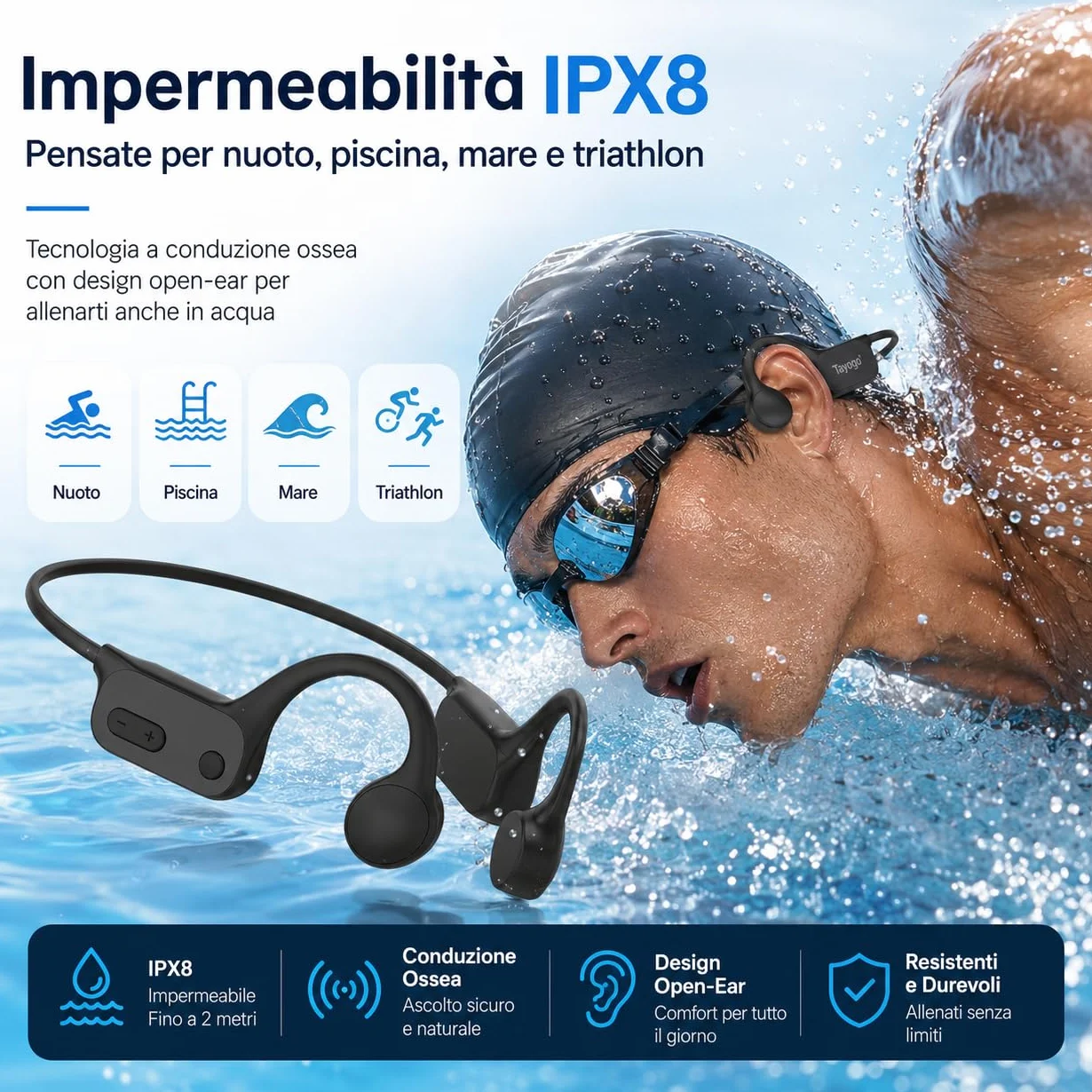 Tayogo Cuffie da Nuoto a Conduzione Ossea IPX8, Lettore MP3 Subacqueo 32GB e Bluetooth 5.4, Cuffie Impermeabili con Microfono per Chiamate, Piscina, Mare, Triathlon, Corsa e Sport, W26