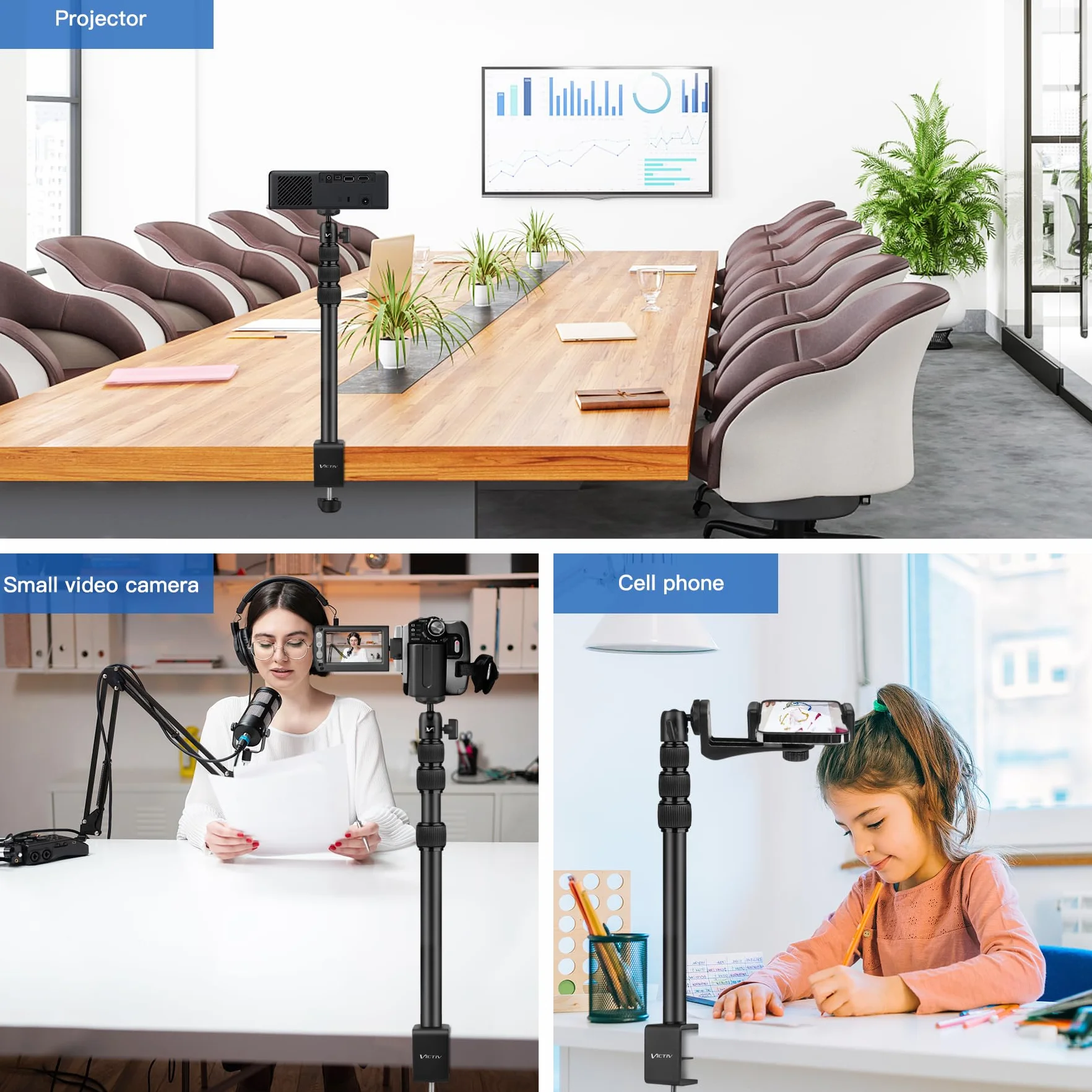 Victiv 37cm-105cm Supporto per Fotocamera da Tavolo, Treppiede da Tavolo con Adattatore a Vite da 1/4" per Canon DSLR, Supporto per Lampada da Tavolo Regolabile per Fotocamera, Luce ad Anello, Webcam