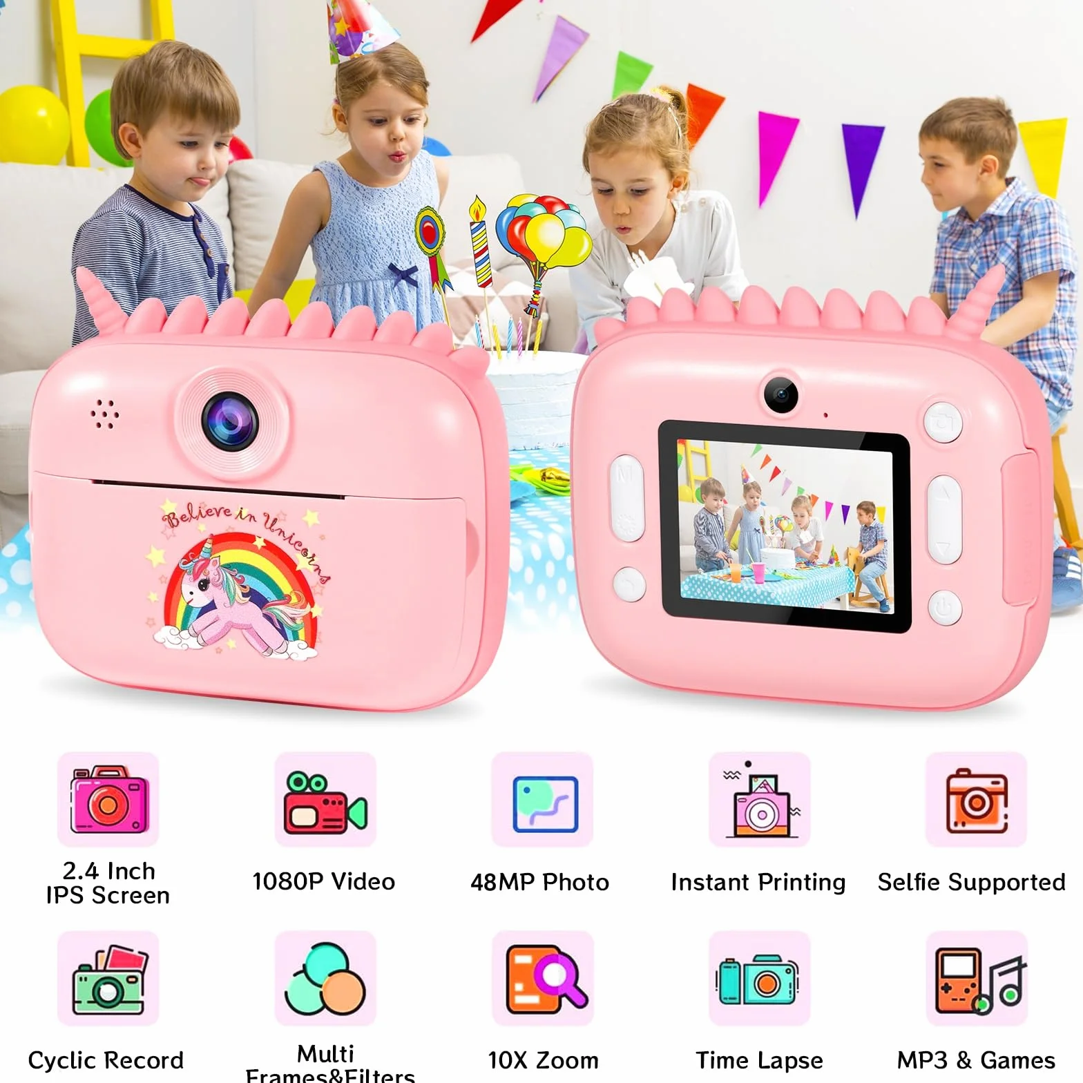 Fotocamera per bambini, 48 MP, schermo da 2,4 pollici, fotocamera istantanea con scheda 32 G, carta da stampa e penne colorate, video HD 1080P, regalo per bambini 3-12 anni