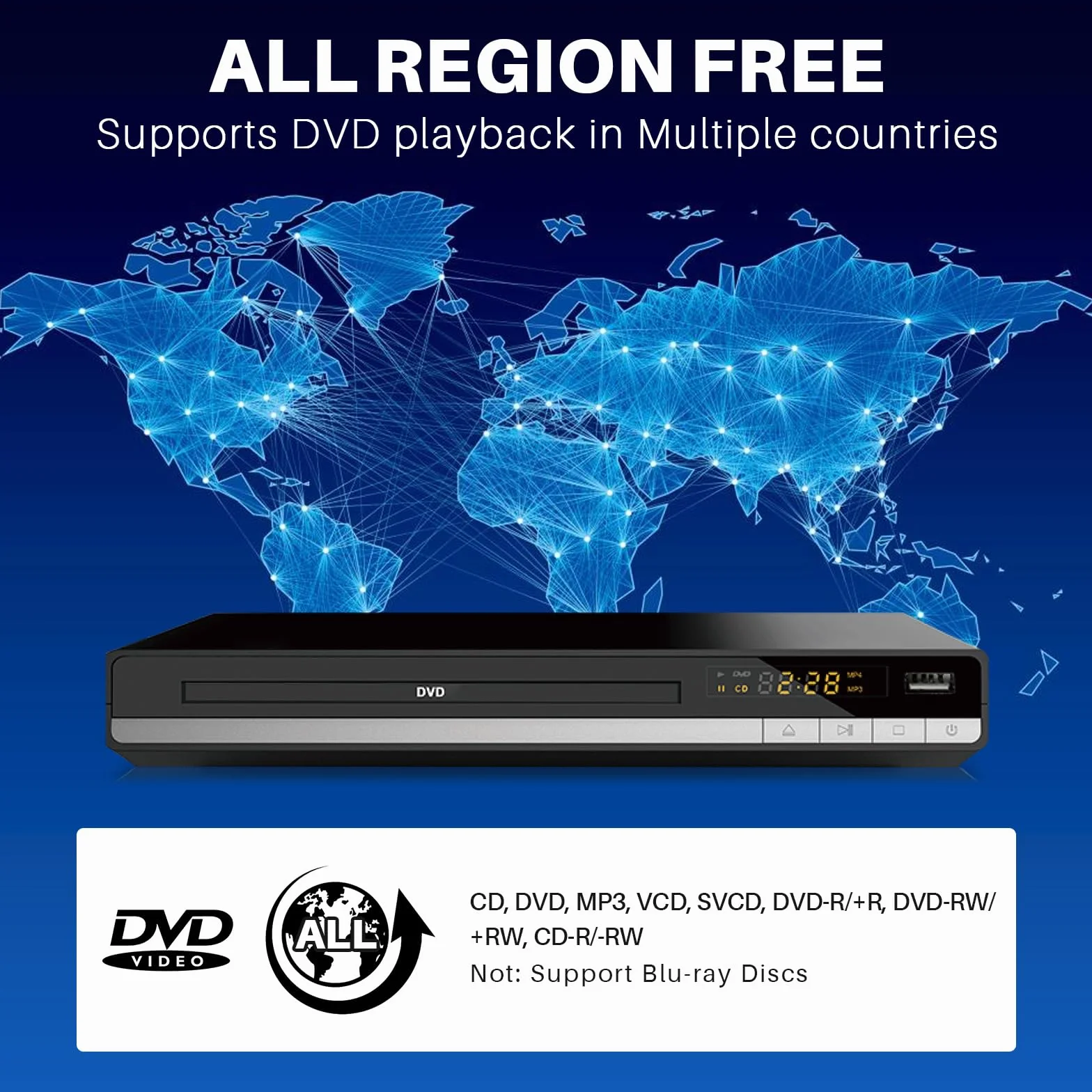 Lettore DVD HD con porta HDMI, region free per Smart TV, Cavo di uscita HDMI/RCA incluso, Memoria di pausa, PAL/NTSC integrato, Lettori CD per la casa (non Blu-ray)