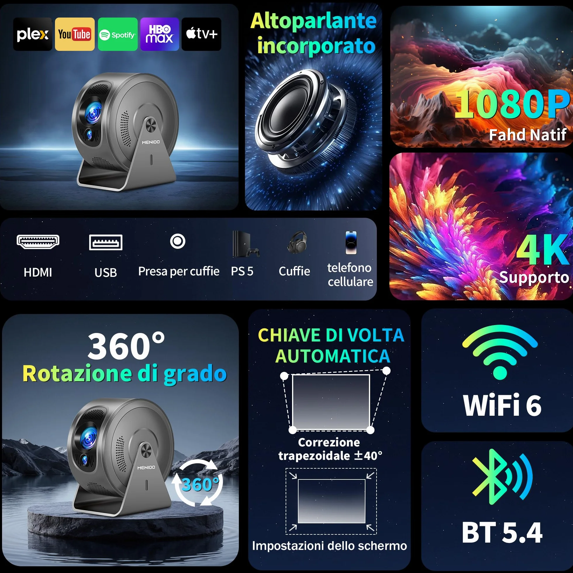 Mini Projector [Integrated Apps & 2026 Upgraded] Supporto 4K 1080P, Portable Projector Auto Focus/Keystone avec WiFi 6 et Bluetooth 5.4 Correction 360°Rotation, Mini Proiettore Home Theater - Grigio