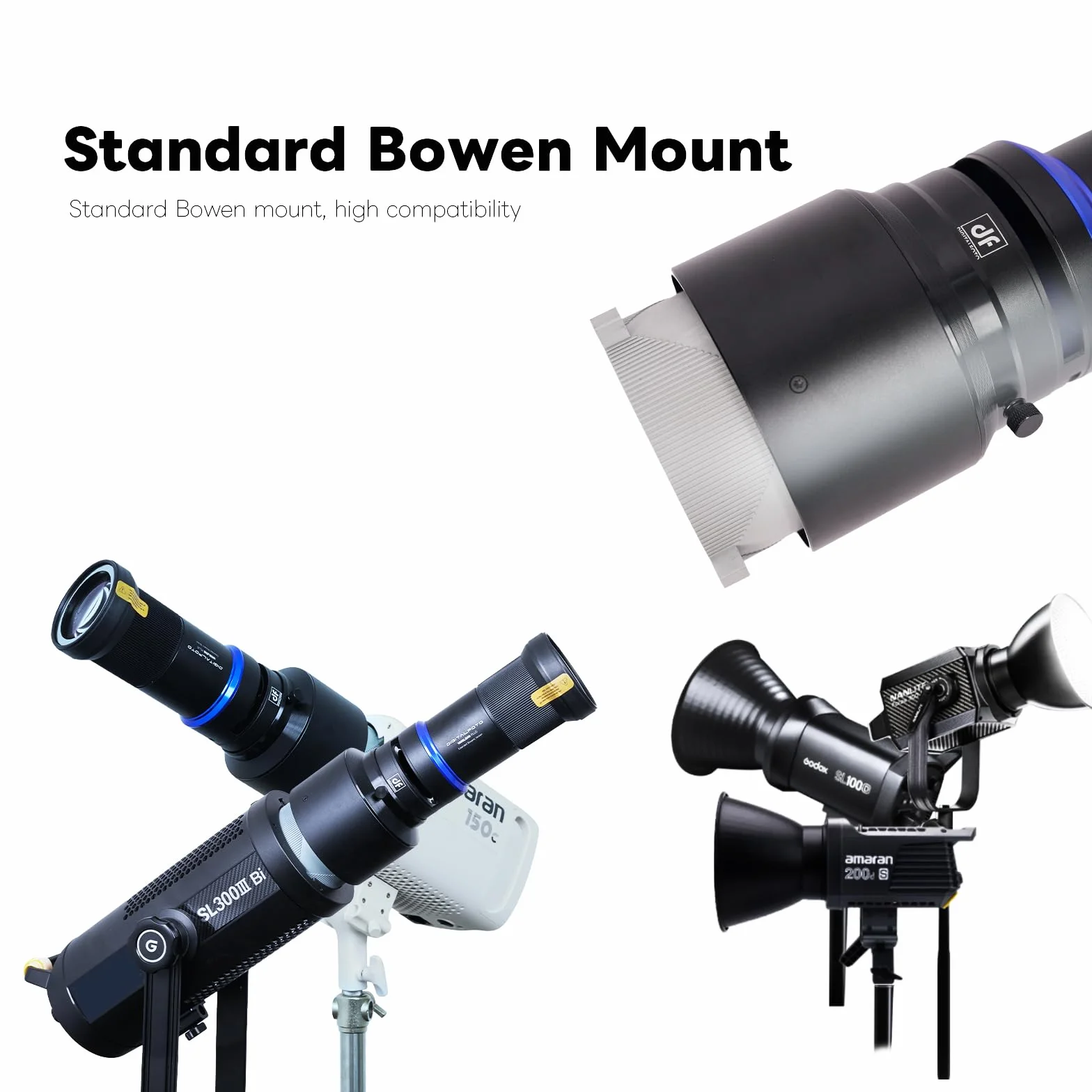 Spotlight Snoot Ottico Bowens 100SLENS-PLUS per Aputure Amaran 60D/100D/150C/300C, 600X Pro, Godox SL60 – 33° Grandangolo / 16° Tele, LED 300W, 20 Gobos e 5 Filtri