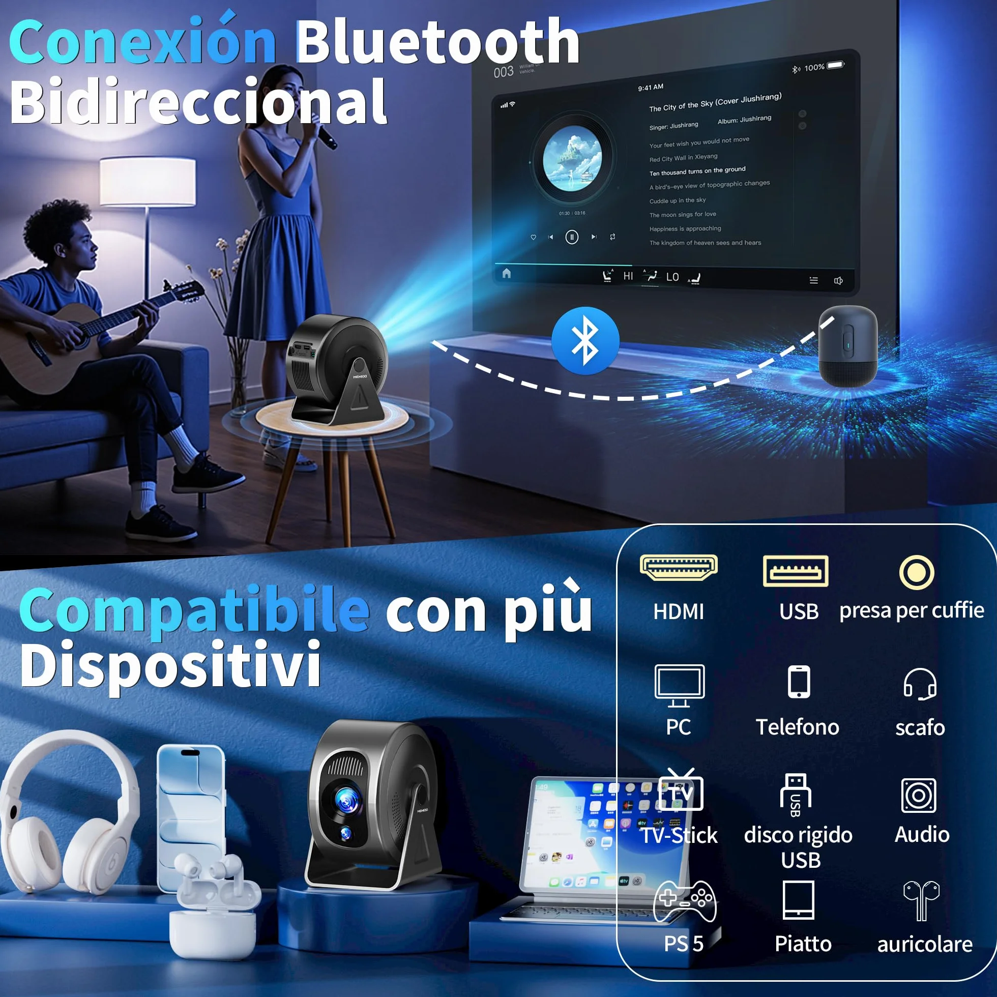 Mini Projector [Integrated Apps & 2026 Upgraded] Supporto 4K 1080P, Portable Projector Auto Focus/Keystone avec WiFi 6 et Bluetooth 5.4 Correction 360°Rotation, Mini Proiettore Home Theater - Grigio