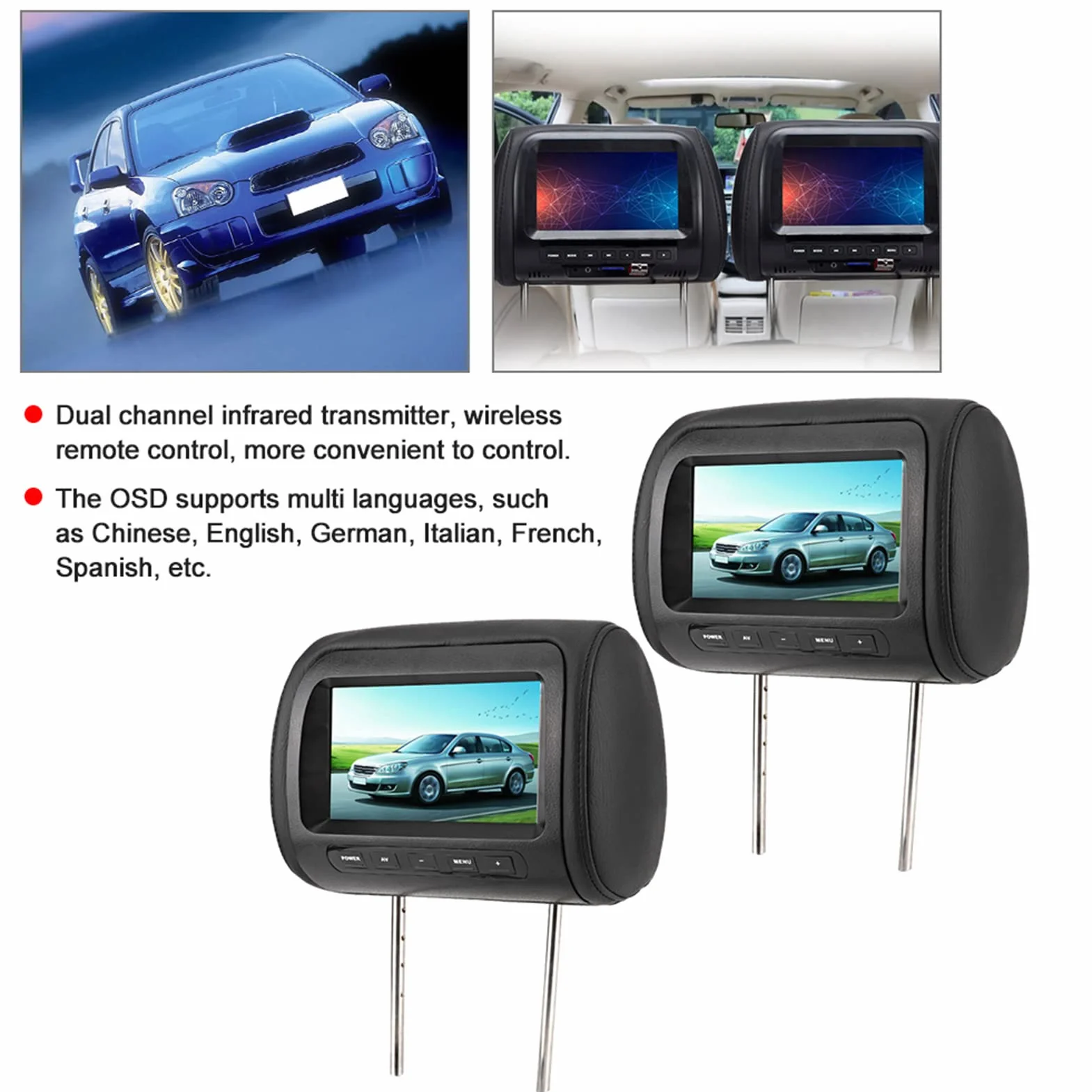 Headerbs Monitor per Poggiatesta, 2 Pezzi 7 Pollici Controllo Wireless Poggiatesta Regolabile Monitor Video LCD HD Lettore per Auto Display MP5 Nero Universale DC 12V