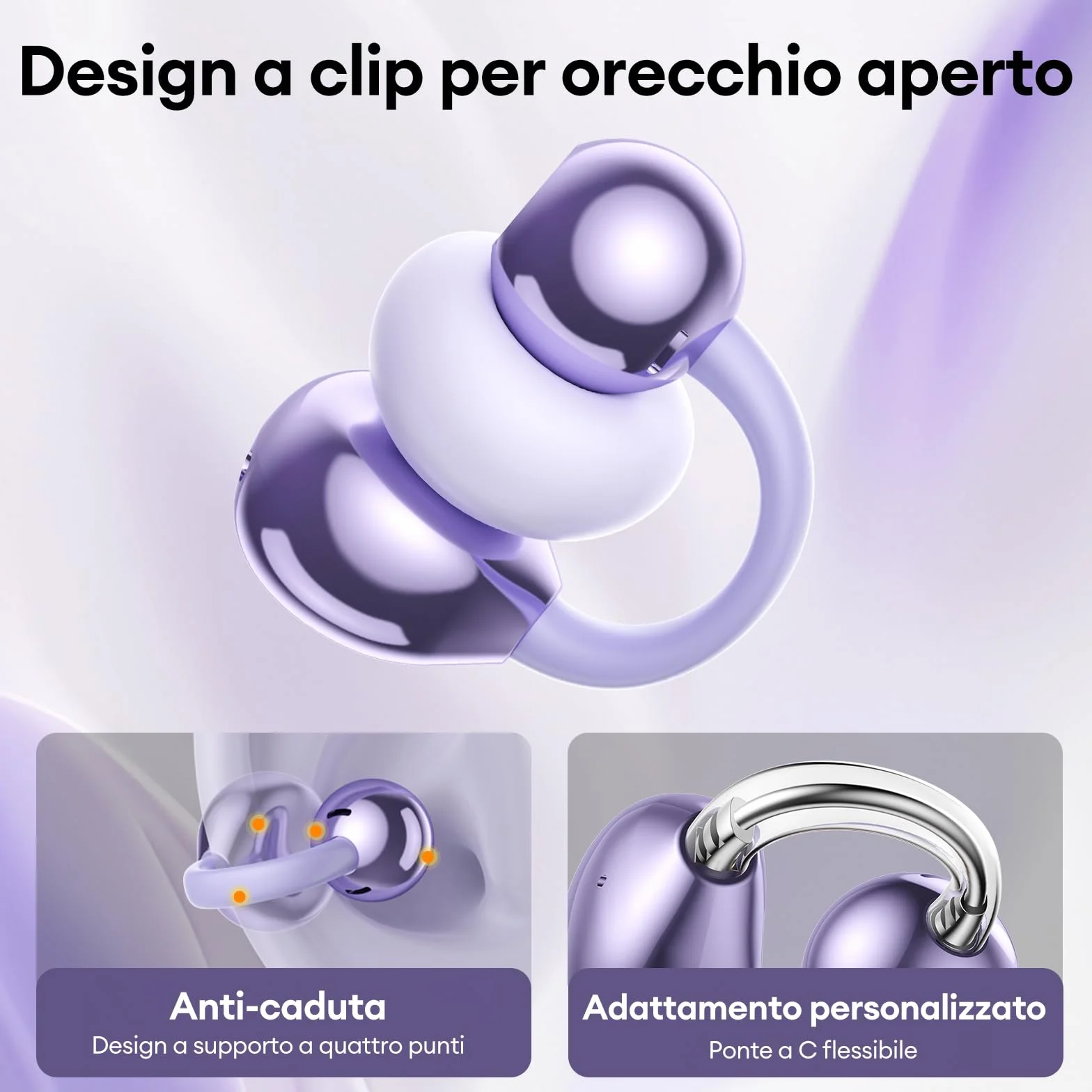 ZOMBIES CAT Auricolari Open Ear Clip-on con Schermo Touch Intelligente – Cuffie Bluetooth 5.4, Audio HiFi, Controllo Musicale & Volume, Auricolari Bluetooth per Sport,M100 Viola
