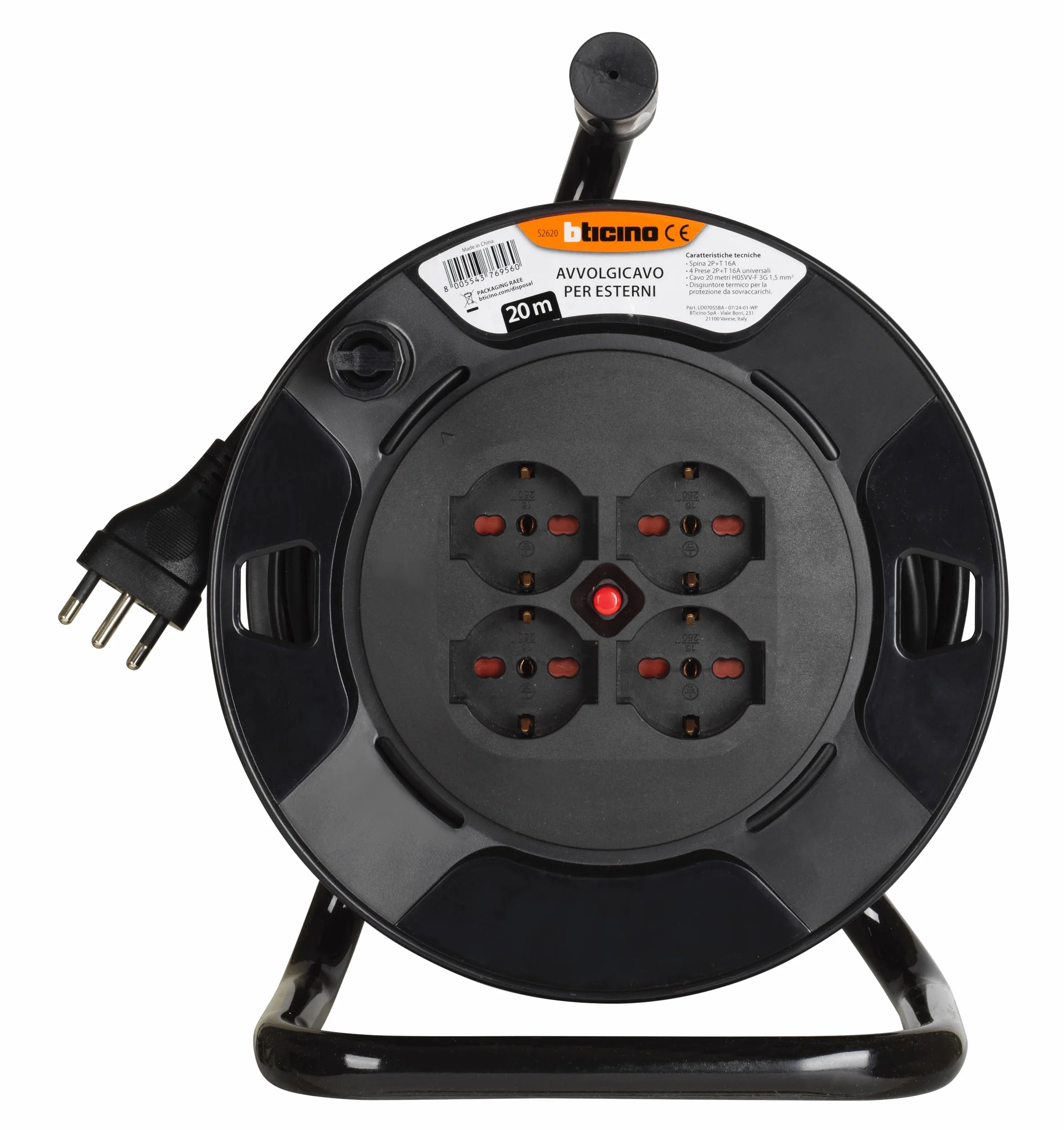 BTICINO Avvolgicavo S2620, Prolunga Elettrica 20 Metri, 4 Prese Polivalenti Schuko Bipasso, Spina Grande 16A, Interruttore Termico, Maniglia Ergonomica, Ferma Cavo, Full Black