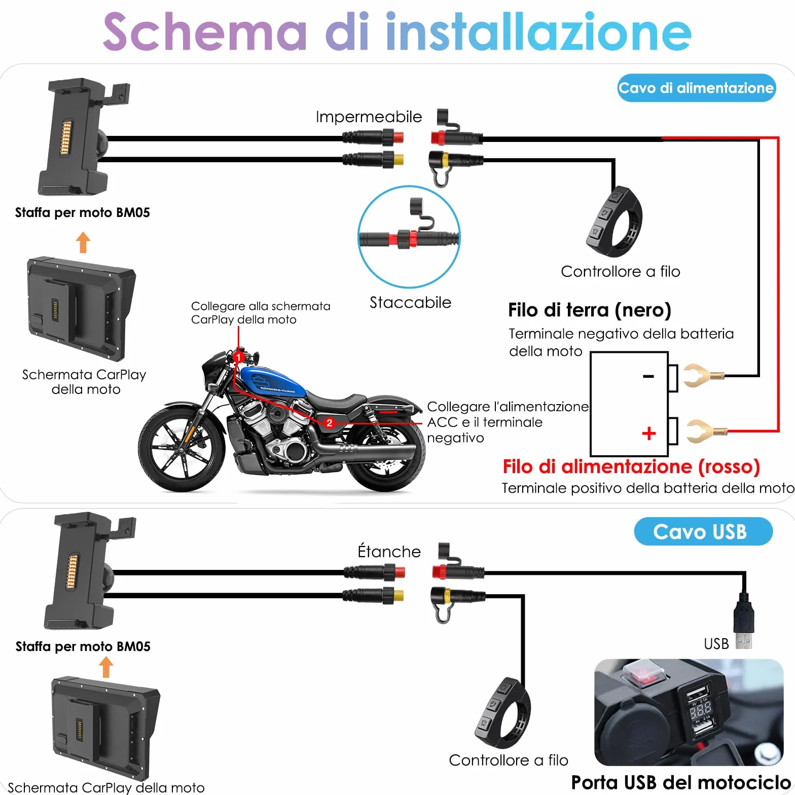 CARPURIDE W702S Pro Moto Carplay Schermo con BM05 Supporto per Plug-and-Play, Senza Fili CarPlay e Android Auto, 7" Impermeabile Touchscreen, Doppio Bluetooth, Cablato Controller, Bussola.
