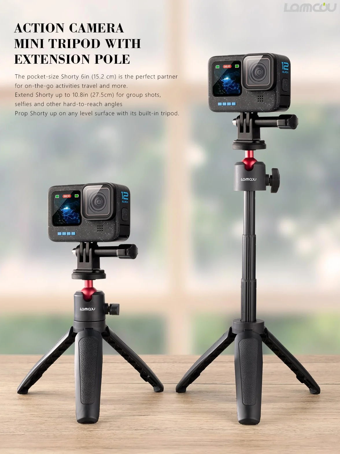 Lammcou Mini treppiede Actioncam con asta di prolunga, Selfie Stick Vlog Grip e adattatore per treppiede per Hero 13 12 11 10 9 8 7 Go3 Go2 X3 X2 Selfie Tripod