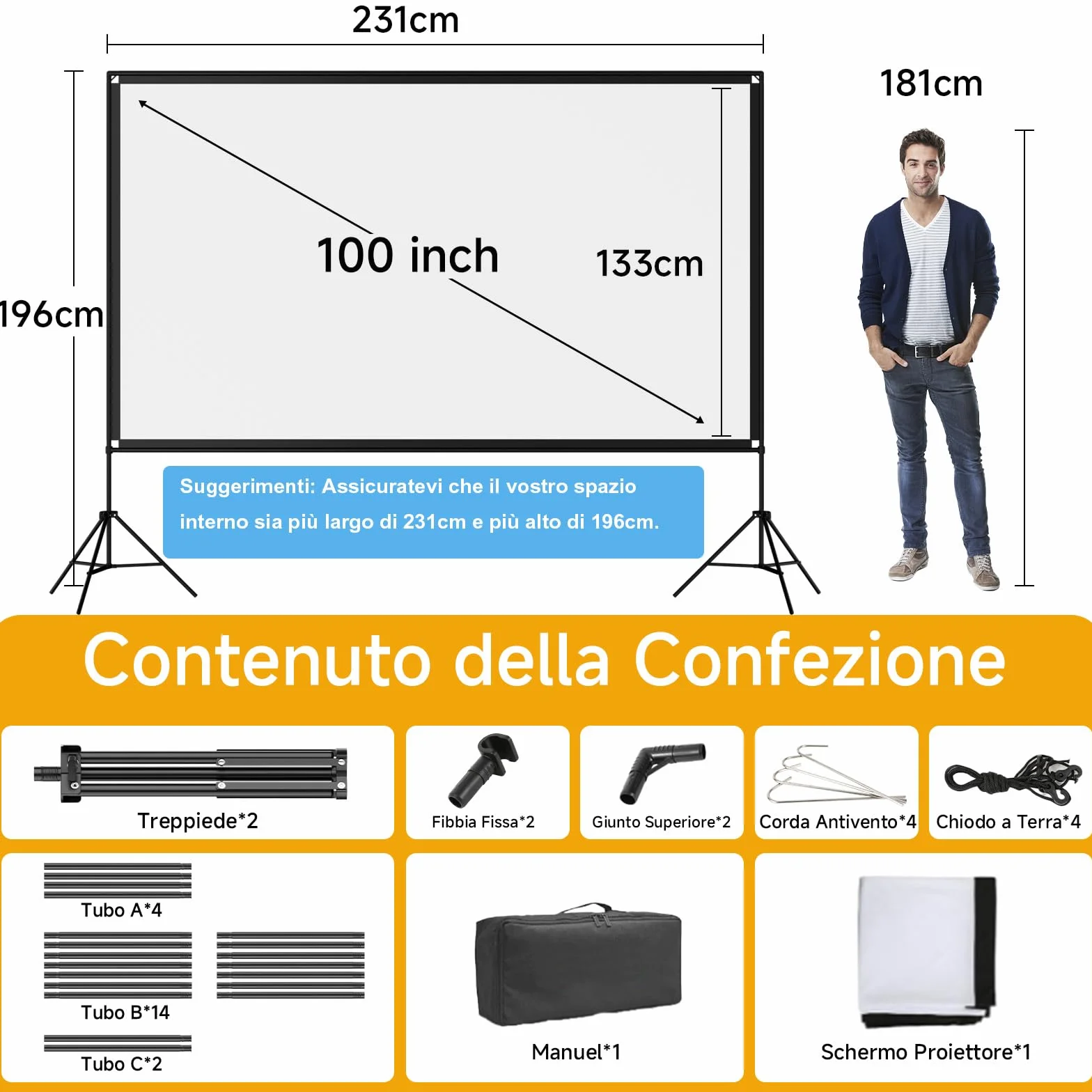 VISULAPEX Schermo Proiettore con Treppiede, 100 Pollici Telo Proiettore Portatile, 16:9, 4K HD Pieghevole per Proiettore con Borsa per il Trasporto per Interni ed Esterni, Home Cinema, Giardino