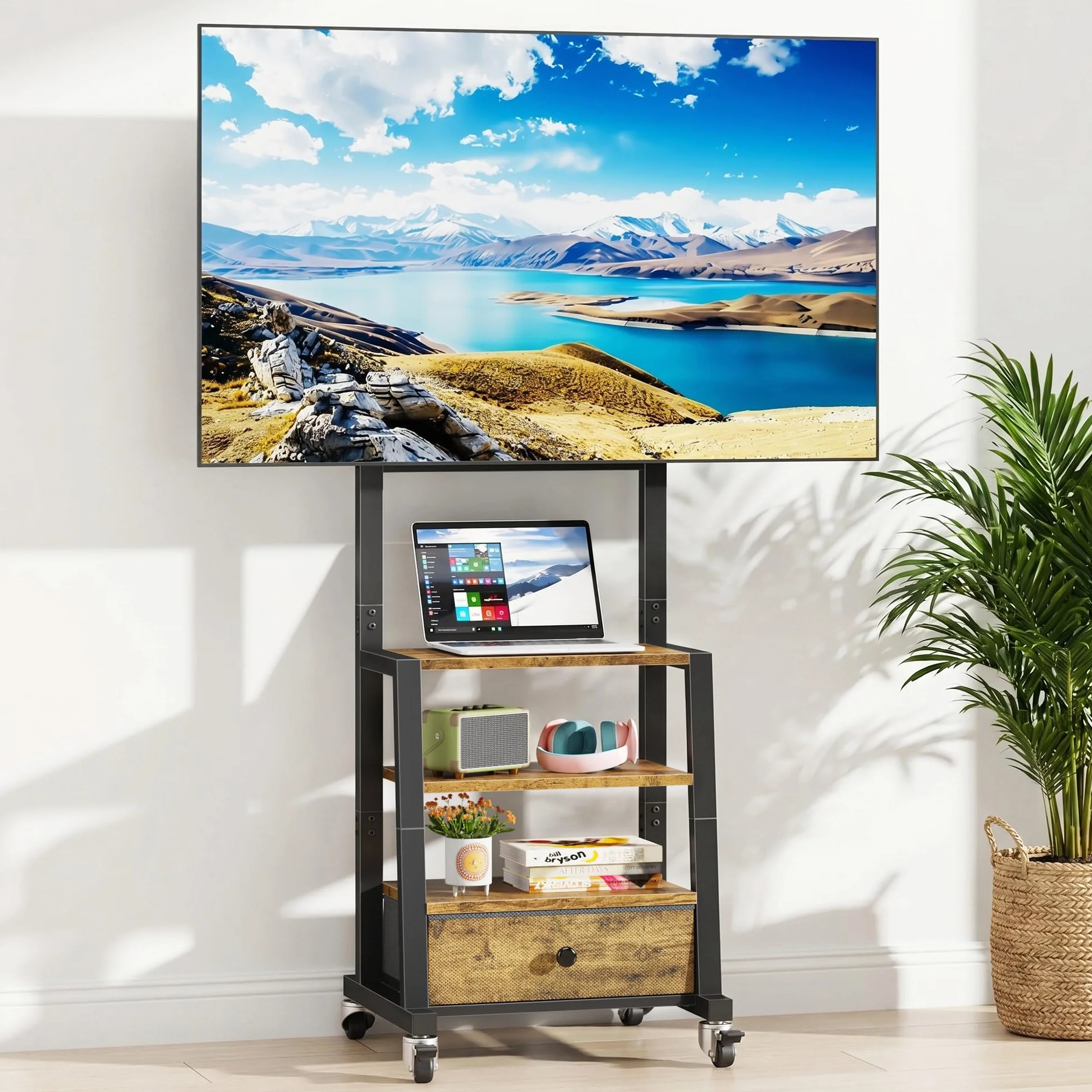 Supporto TV da Pavimento per TV 32-60 Pollici, Porta TV da Terra con 3 Ripiani e Cassetto in Tessuto, Mobile TV con Ruote, Altezza Regolabile, Max VESA 400x400 mm, Carico 40 kg, Marrone Vintage