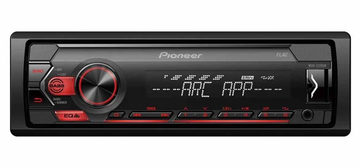 Pioneer MVH-S120UB, autoradio 1DIN con RDS, rosso, mezza profondità di installazione, 4 x 50 watt, USB, MP3, ingresso AUX, supporto Android, equalizzatore a 5 bande, app ARC