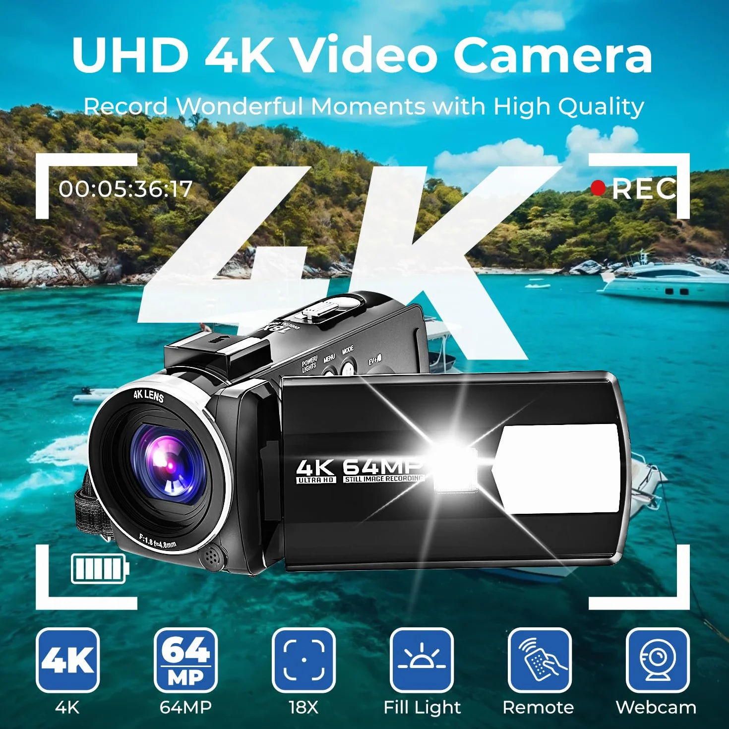 Videocamera 4K 64MP Camcorder 18X Zoom Digitale Schermo da 3" Ruotabile di 270° Videocamera Digitale, Video Camera per Youtube con Scheda SD da 32 GB, Telecomando e Batteria