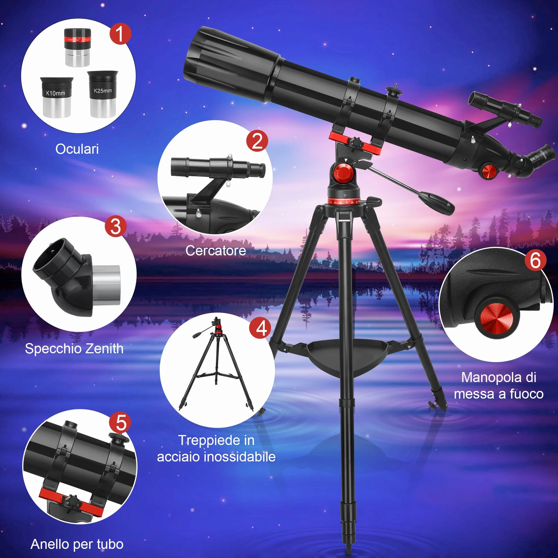 HETEKAN Telescopio, Telescopio Astronomico Professionale, 90/900 mm (36X-450X) Telescopios Rifrattore per Adulti Bambini e Principianti, per Osservazioni Planetarie, con Adattatore per Cellulare