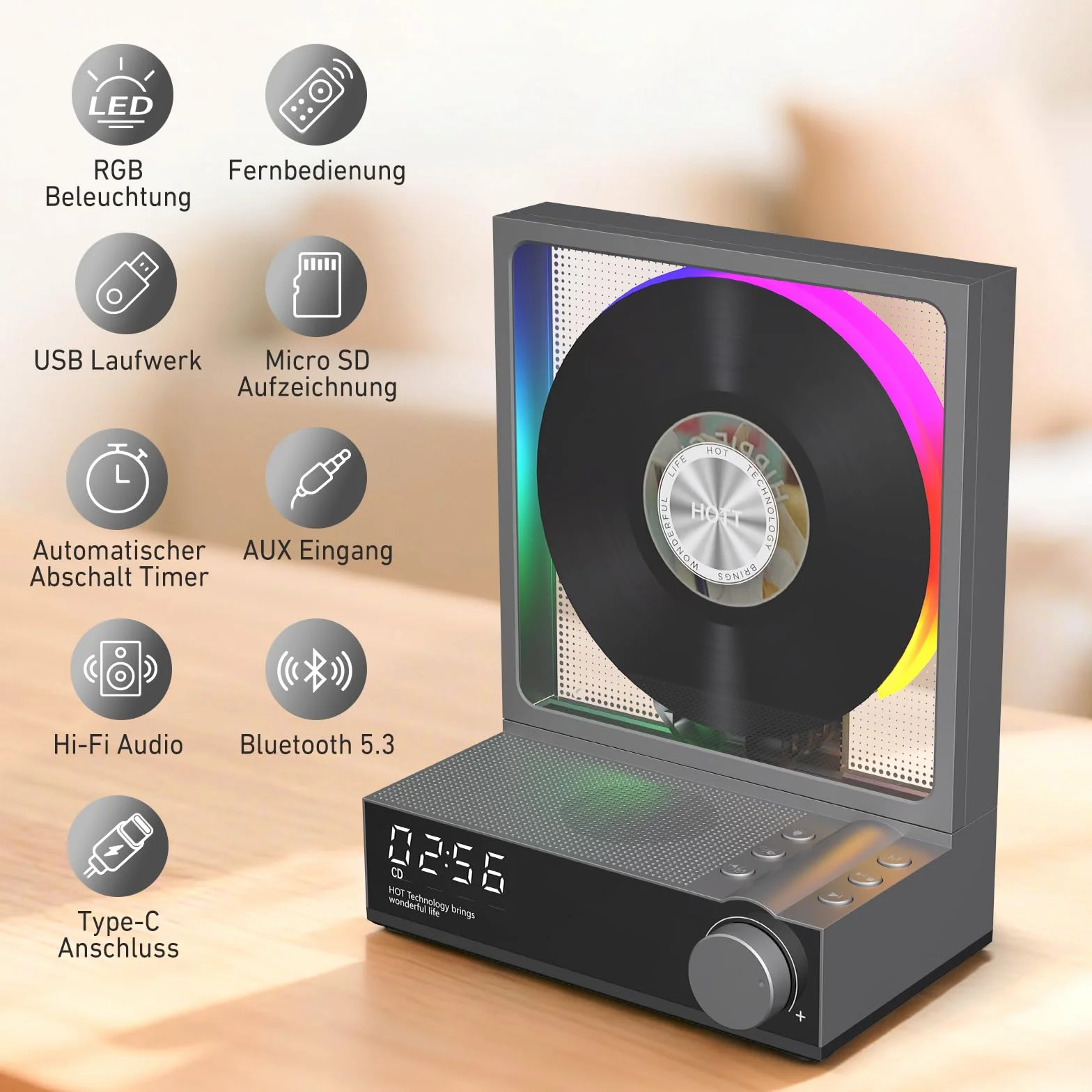 HOTT - Lettore CD portatile con telecomando, Bluetooth 5.3 Desktop CD con luci RGB, lettore CD con altoparlanti HiFi, supporta scheda TF, trascrizione, schermo LED, timer (grigio)