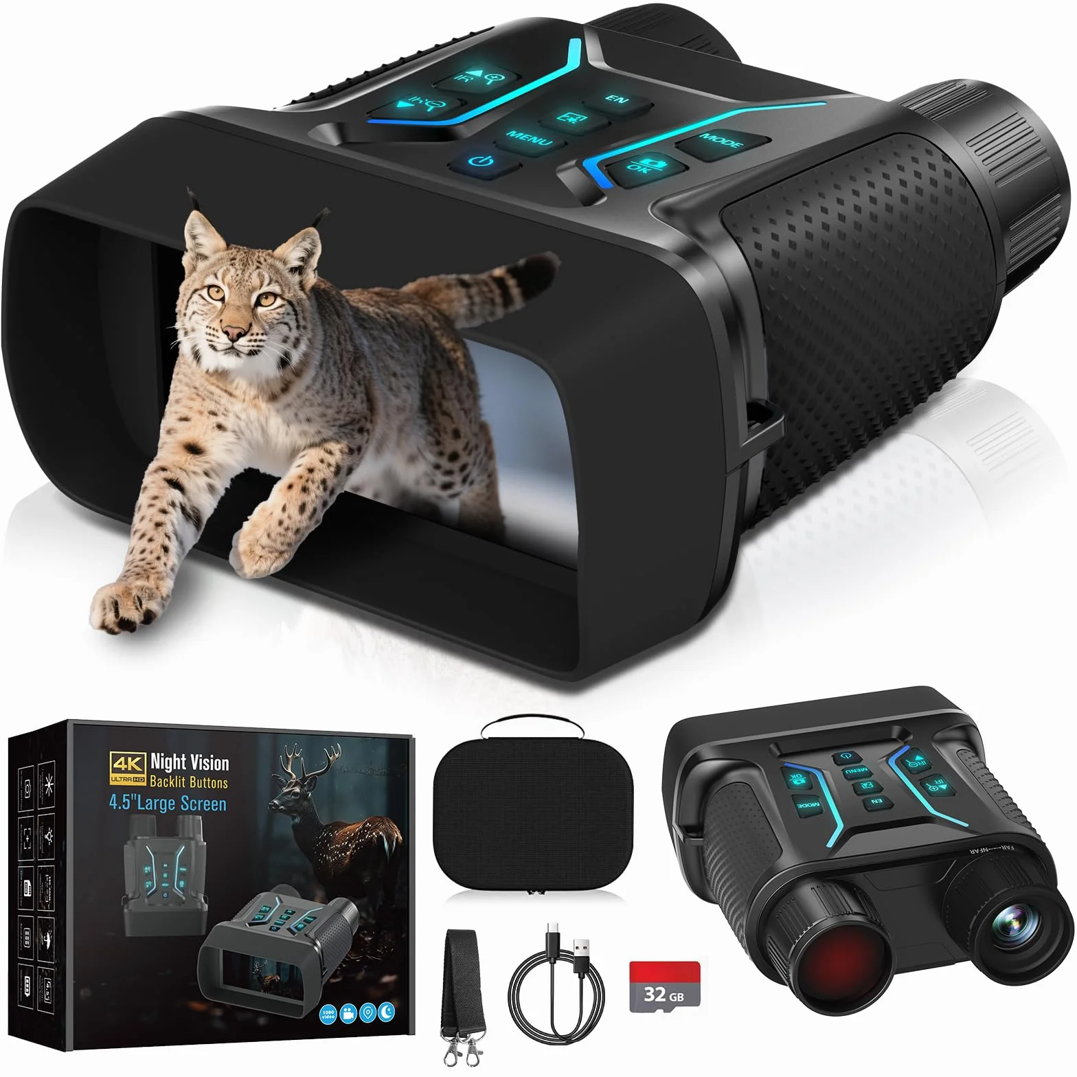 Visore Notturno 4K 36MP Binocolo Visione Notturna Zoom Digitale 8X e Scheda 32GB per Foto e Video, Display HD da 4.5" 7-Livelli Infrarossi Visore Notturno Binocolo Vista 400M per Campeggio