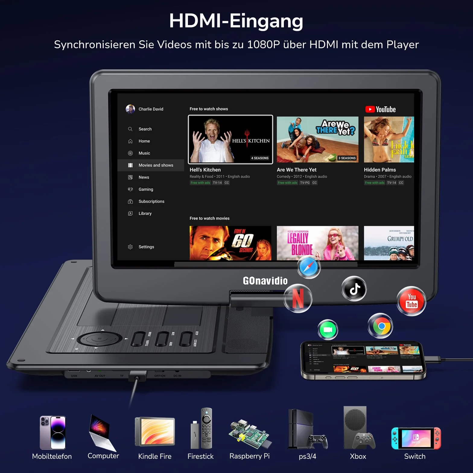 GOnavidio Lettore DVD portatile da 17,9" con schermo da 15,6 pollici, batteria ricaricabile da 6 ore, TV per bambini supporta ingresso HDMI, ultima memoria, senza regione, scheda USB/TF (nero)