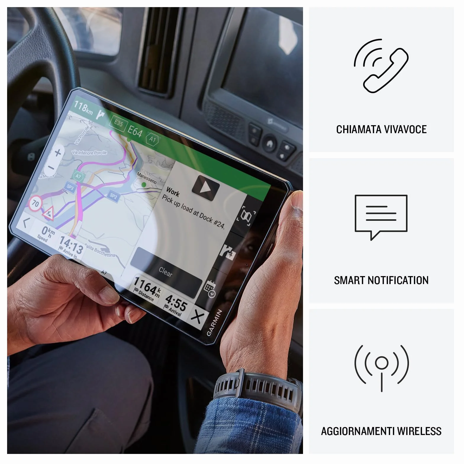 Garmin dēzl LGV720, Navigatore per Camion, GPS, Display da 7", Mappa Europa, Avvisi Meteo, Velocità del Vento, Foto satellitari della destinazione, Percorsi popolari, Traffico Live