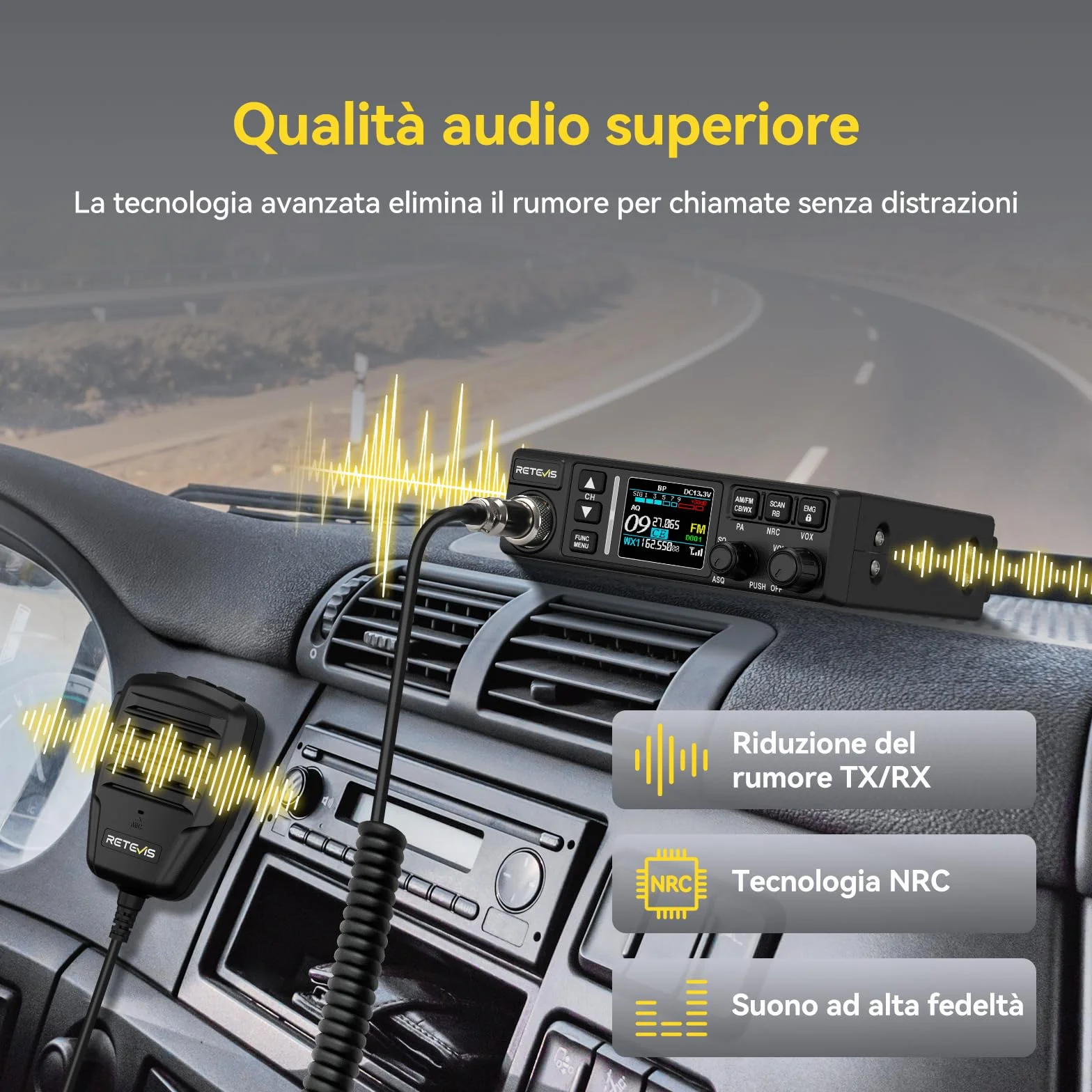 Retevis MB63B CB Radio e Antenna, NRC Cancellazione Del Rumore Radio CB Veicolare,12V/24V, AM/FM, TFT Colori, CTCSS/DCS, VOX, 40 Canali,EMG CH9/19 Radio CB Portatile per Team Fuoristrada (1 Pezzo)
