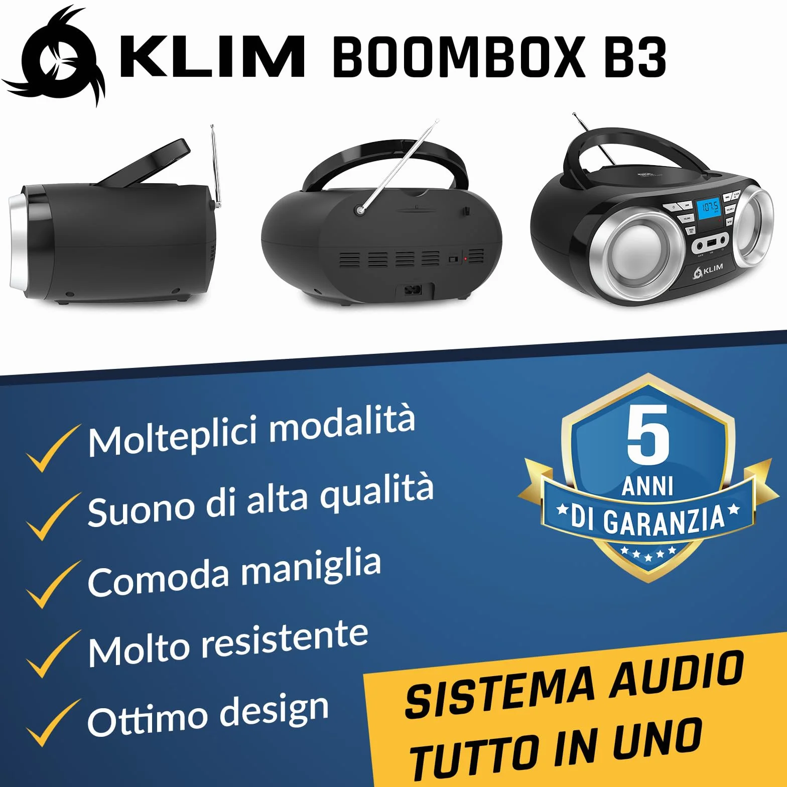 KLIM B3 Lettore CD Portatile Boombox Con Radio FM, Bluetooth, USB e AUX - Doppi Altoparlanti di Alta Qualità, Effetti Sonori EQ, 20 Stazioni Preimpostate, Compatto e Leggero