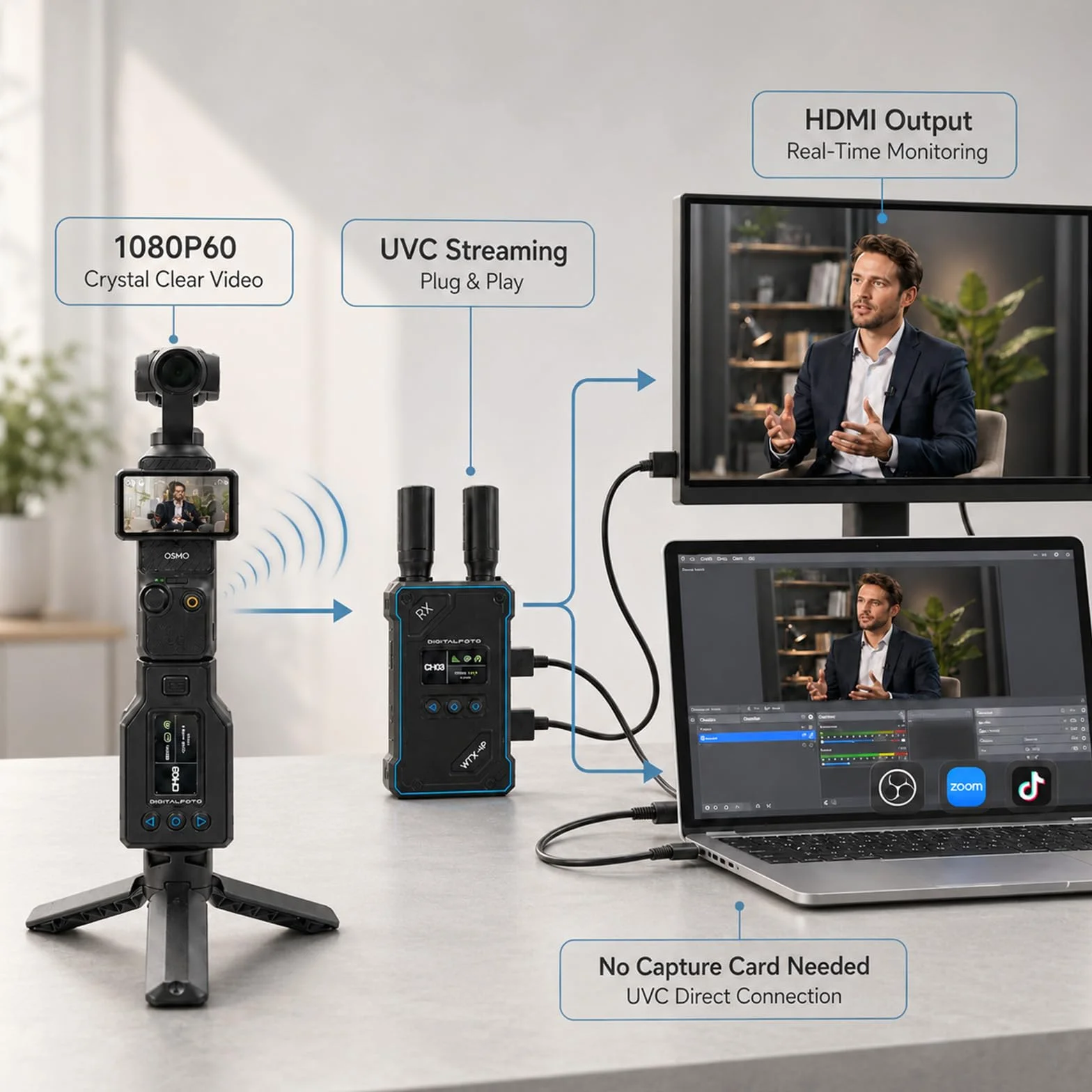 DF DIGITALFOTO WTX-4P Trasmettitore Ricevitore HDMI Wireless per DJI Osmo Pocket 3, Portata 500m, Bassa Latenza 0,05s, Uscita UVC & HDMI 1080P, Sistema Video con Mini Treppiede