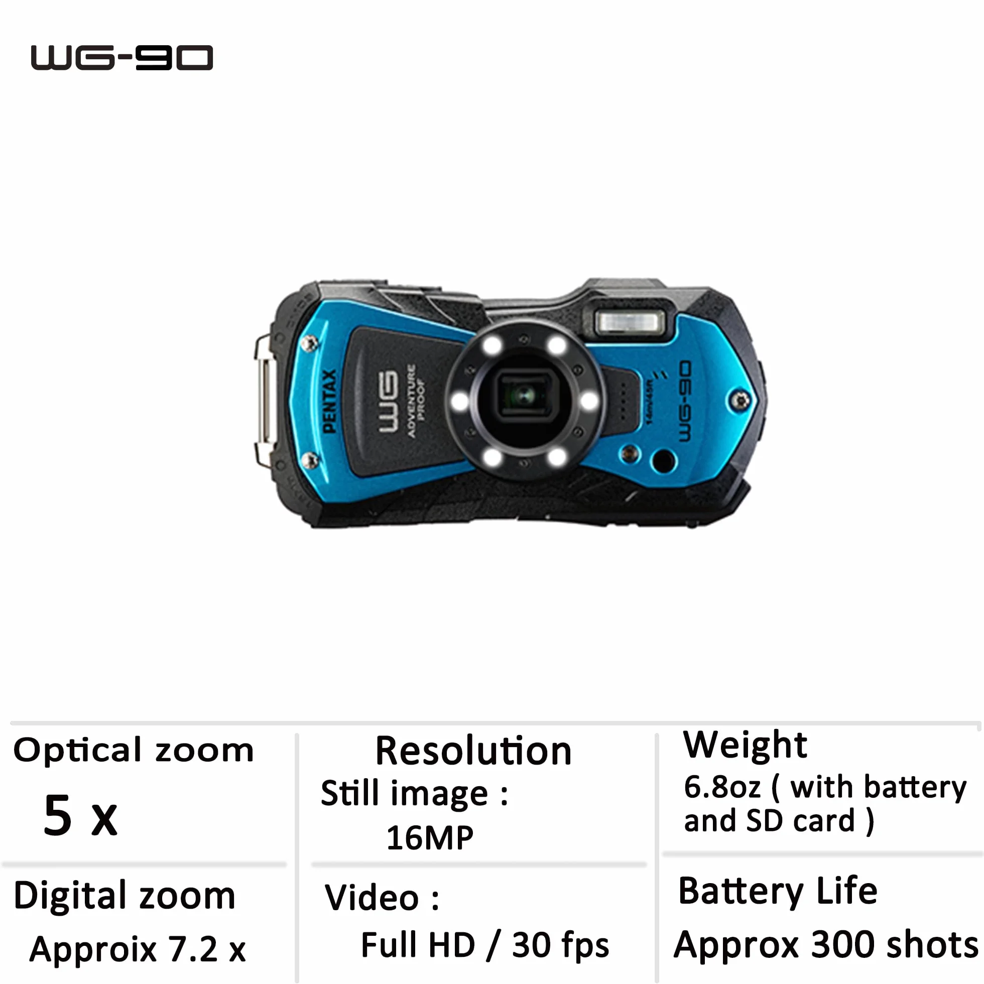 PENTAX WG-90 Blu - Fotocamera compatta digitale di classe standard, resistente all'acqua, progettata per la fotografia subacquea occasionale fino a una profondità di 14 metri