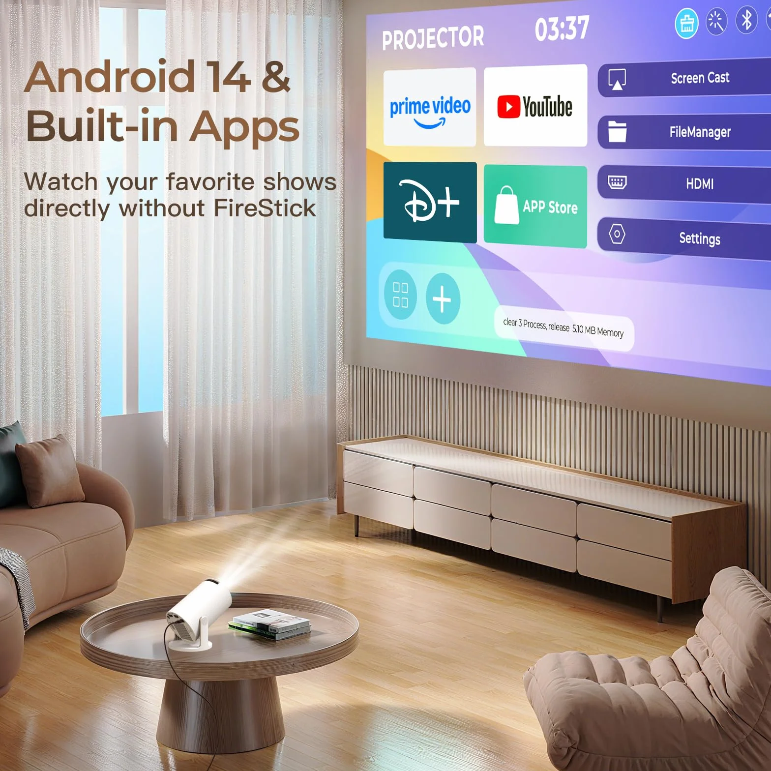 Mini Proiettore con WiFi e Bluetooth Integrato, Android 14, Supporto 1080P 4K, Proiettore Portatile, Rotazione 180°, Versione Aggiornata HY300 Pro+, per Uso Domestico ed Esterno LYNCAST