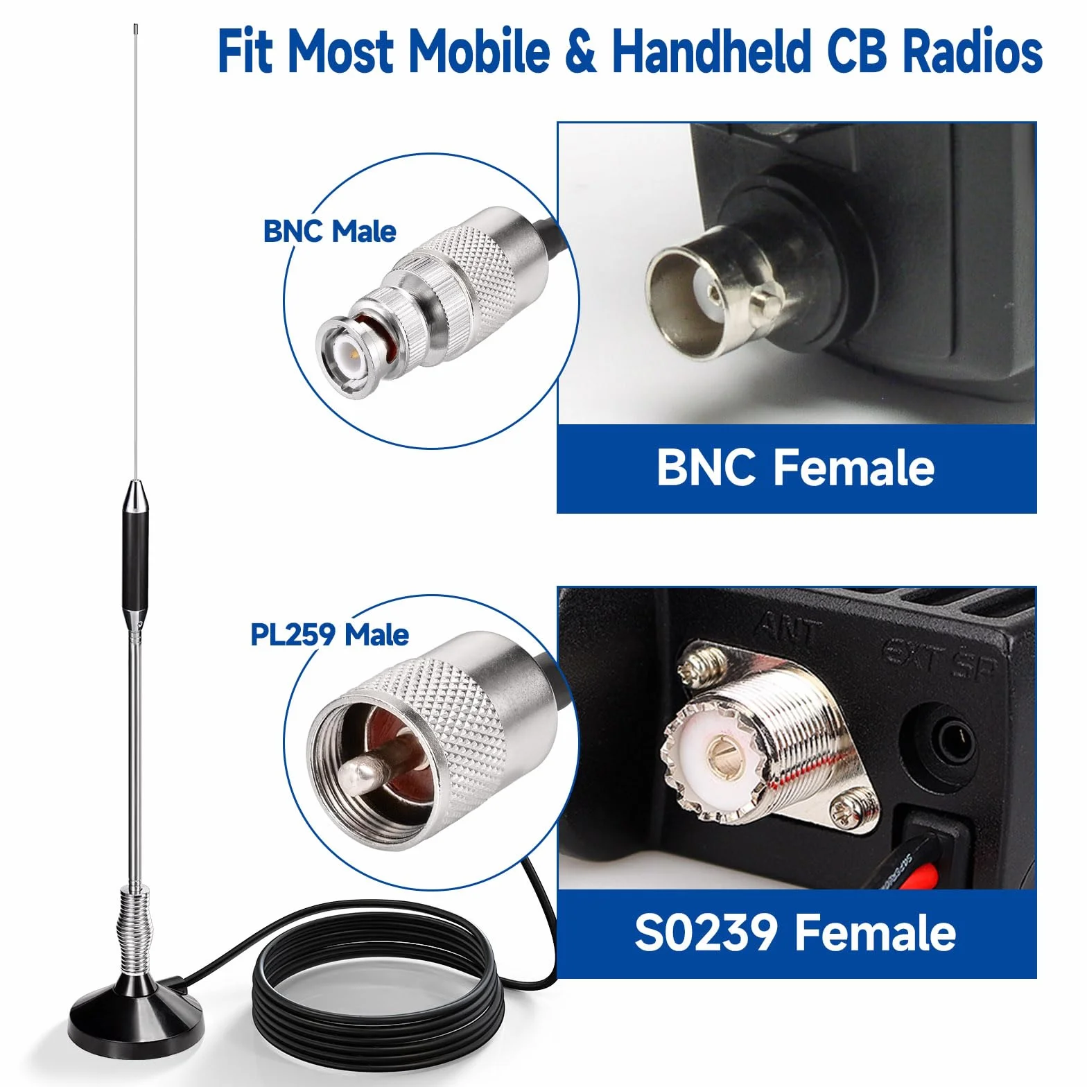 Bingfu Antenna CB Veicolare Camion Camper Auto 27MHz Base Magnetica PL259 e BNC Compatibile con Cobra Midland Uniden Maxon President Radio CB Mobile/Bobina di Rame Interna/Acciaio Inossidabile