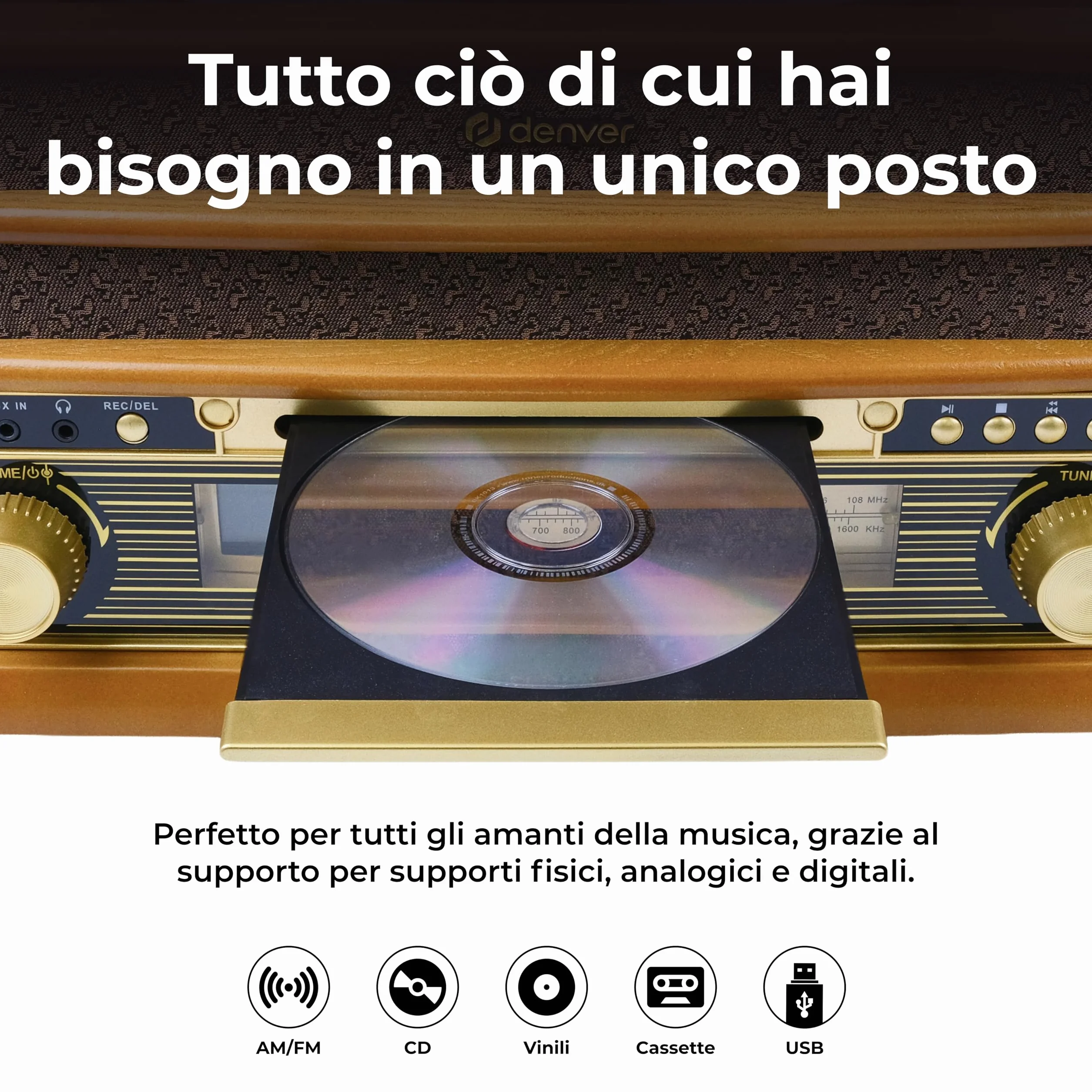 Denver MCR-50 – Giradischi Vintage con Lettore Vinili, Radio AM/FM, CD, Cassetta, USB MP3 – Giradischi Vinile con Casse Integrate – Gira Dischi per Vinili Retrò