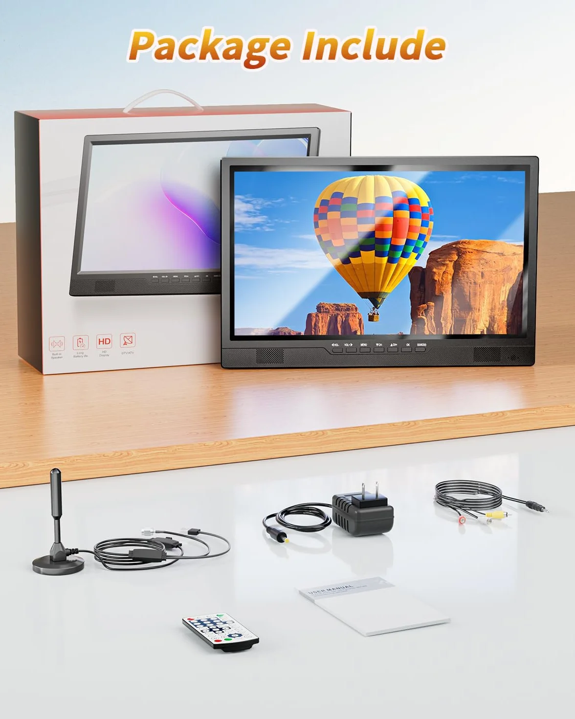 Desobry TV portatile 19 pollici 1080P DVB-T2 HDMI AV USB 12volt