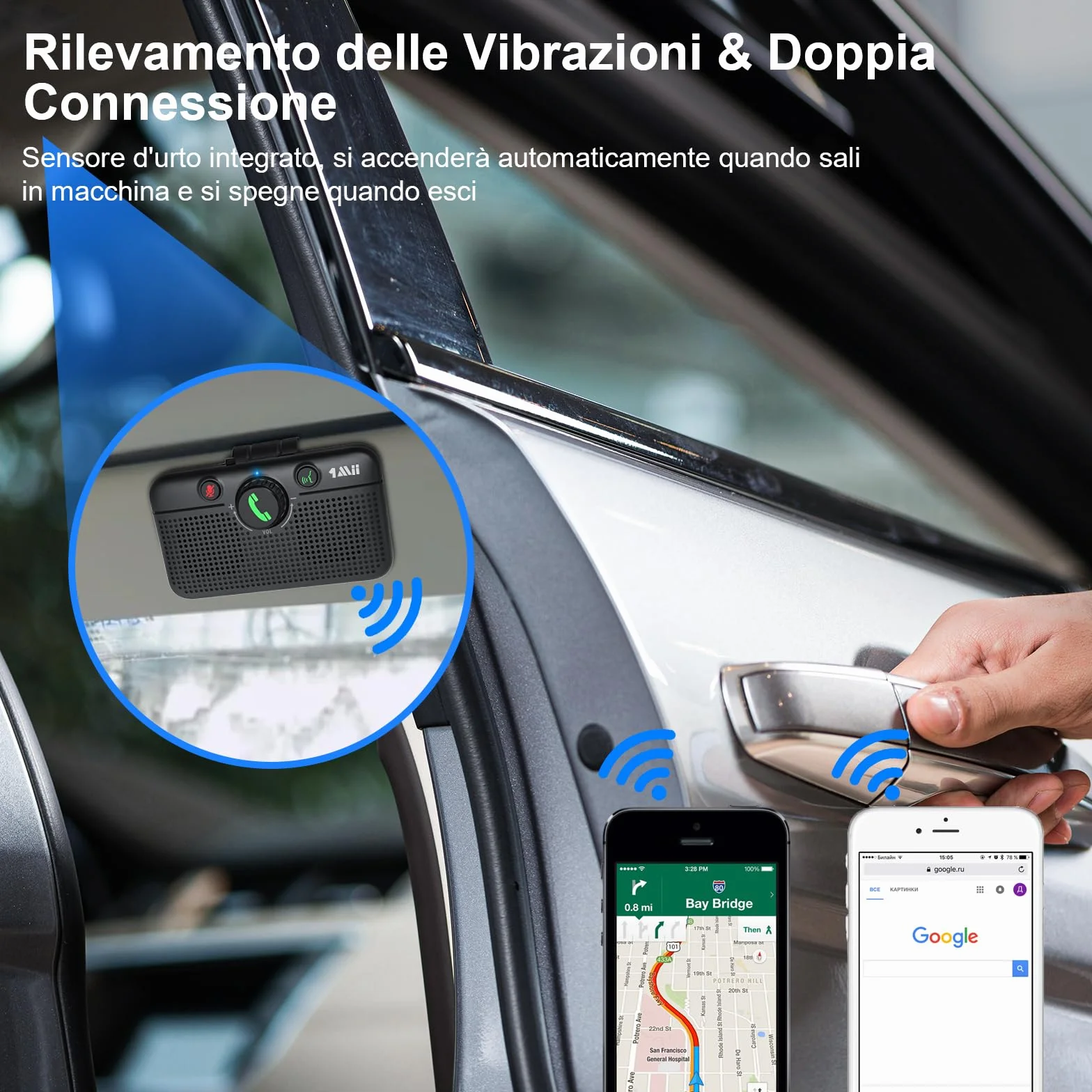 1Mii Kit Vivavoce per Auto Bluetooth 5.3 con Siri Assistente Comandi Vocali di Google Altoparlante, per Chiamate Viva Voce, GPS, Connessione Automatica, Altoparlante da 3W, Connettività Dual Link