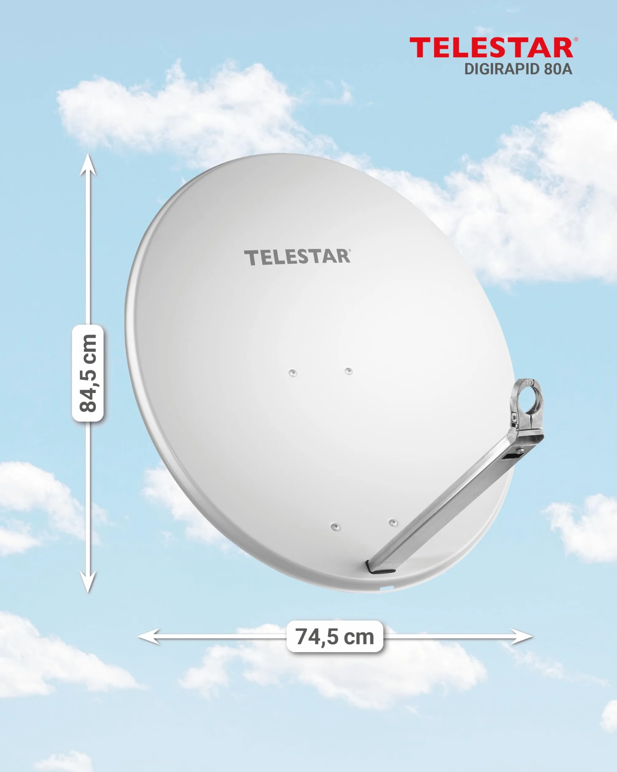 TELESTAR DIGIRAPID 80 A V2 – Parabola satellitare (80 cm, alluminio, braccio di supporto stabile e di alta qualità) – Grigio chiaro