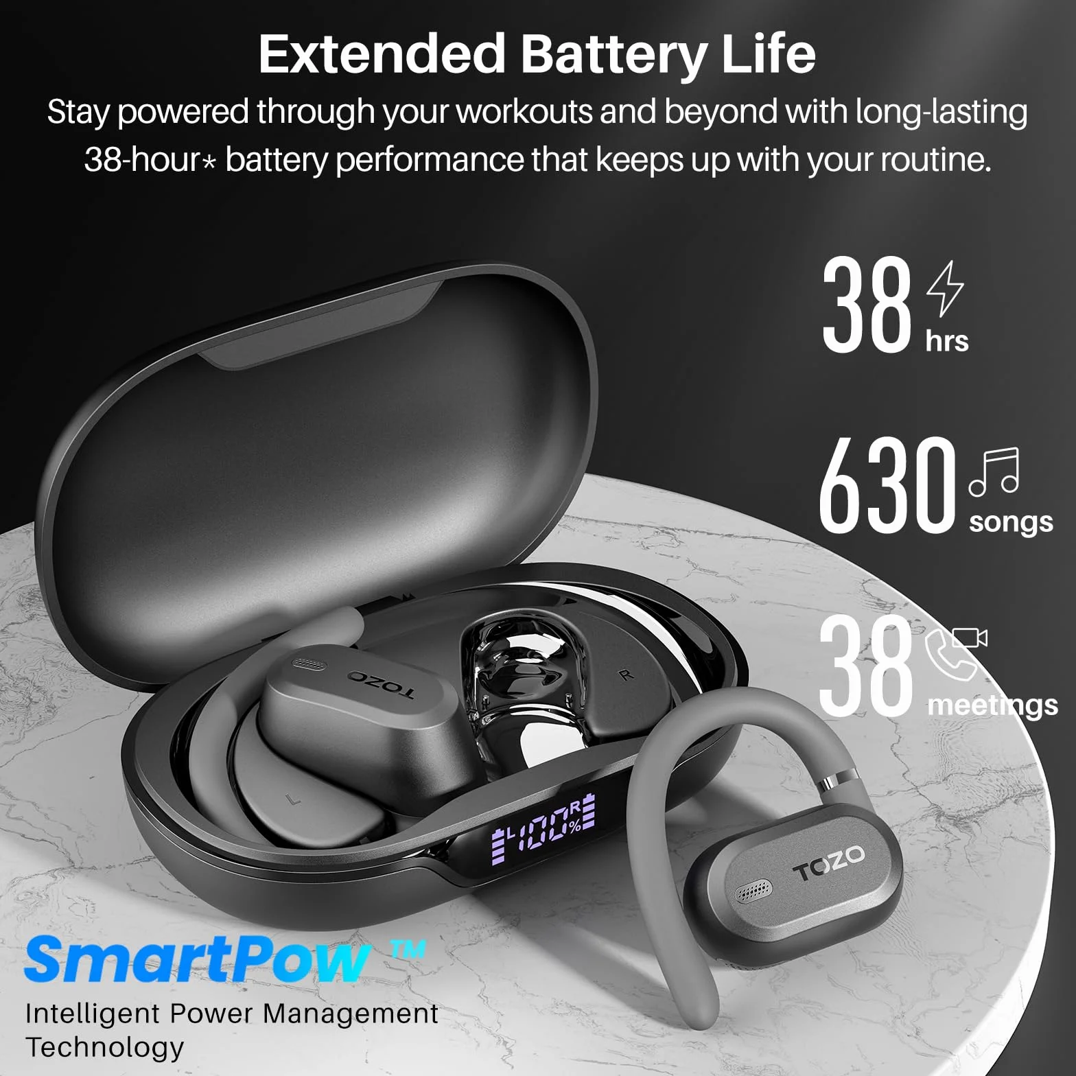 TOZO OpenWear Cuffie Bluetooth con ENC Chiamate, 14.2mm Driver 38 Ore, LED Schermo, Bassi Potenti, 5 EQ Modalità, Doppio Cardine Ultra Confort, Gancio Rotazione, Ricarica Rapida USB Tipo C Nero