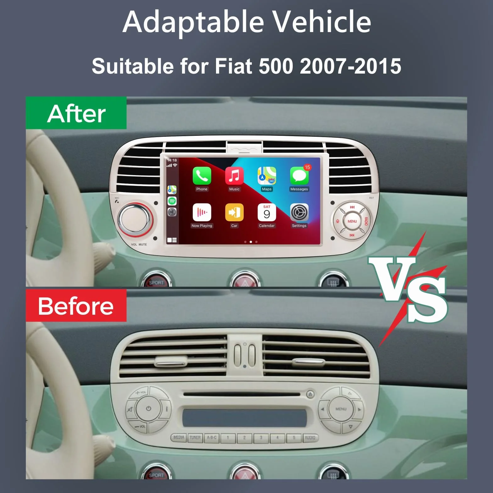 [Prestazioni Elevate] KTTCORLP Linux Autoradio per Fiat 500 2007-2015 Carplay Android Auto Bluetooth 5.0, Autoradio Fiat 500 da 7 pollici con touchscreen/FM/AM/USB/DPS/RDS/Mirror Link-bianco