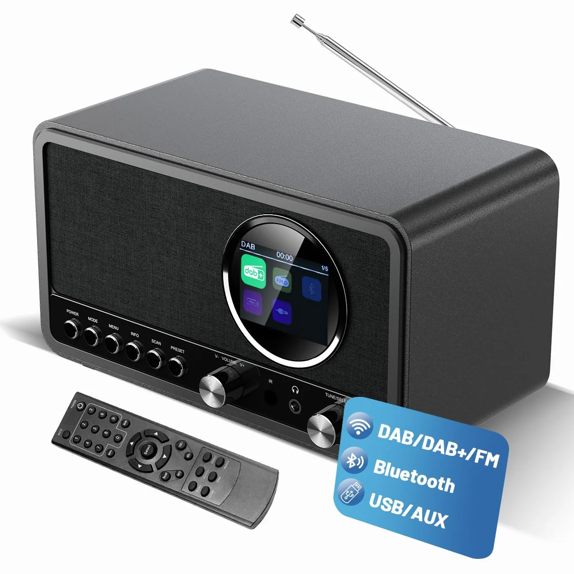 Radio Digitale DAB+/FM Bluetooth con Telecomando e Allarme Doppio, USB/AUX, 30 Stazioni