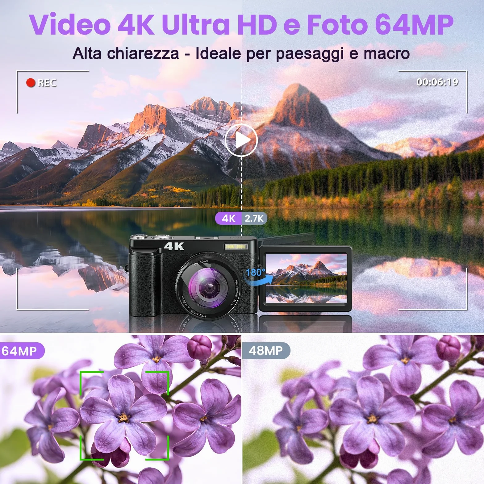 Fotocamera Digitale 4K 64MP WiFi Zoom 16X Schermo Girevole 180° Autofocus per Vlog e Selfie, Compatta con Scheda 32GB, 2 Batterie e Caricabatterie, Ideale per Principianti
