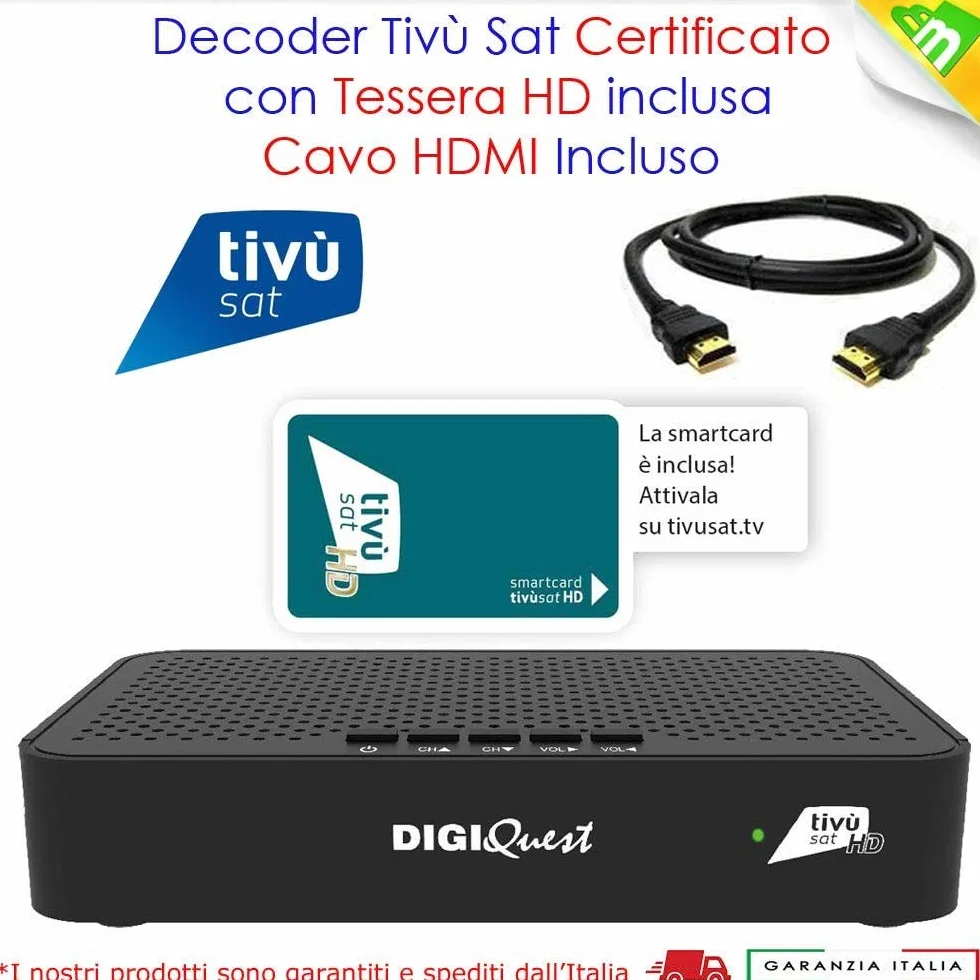 Ricevitore HD Tivù sat Decoder digitale satellitare ad Alta Definizione HD Tivùsat Certificato, Tessera Tivusat HD inclusa, Uscite HDMI e SCART, anche per camper e barche, Cavo HDMI in DOTAZIONE