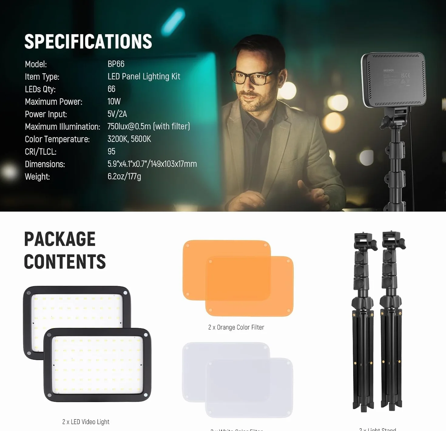 NEEWER Basic Kit di Illuminazione a Pannello Luce Foto LED, 2pz Luci da Studio Portatili Dimmerabili Bicolore con Stativi e Filtri, 3200K~5600K CRI95 750lux per Fotografia Video Streaming Live, BP66