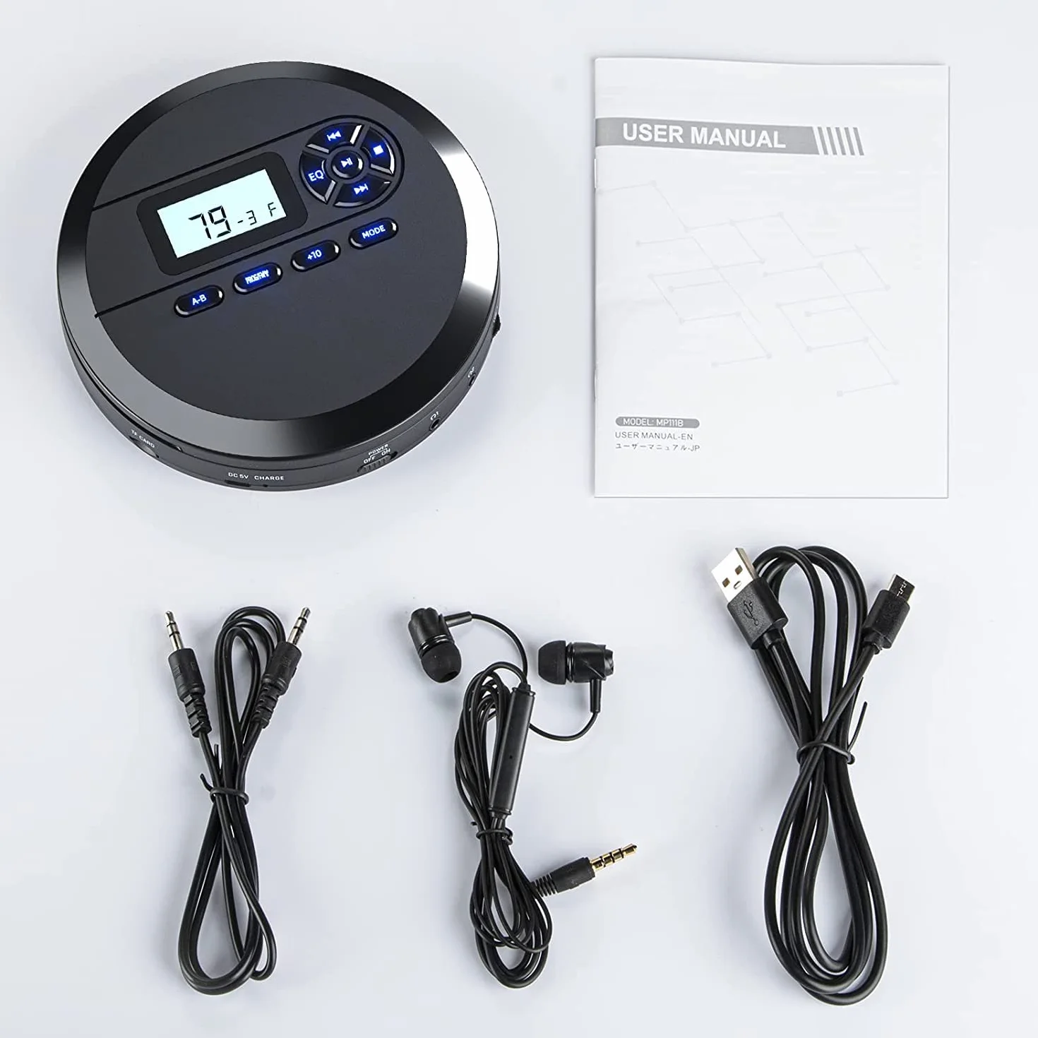 DESOBRY Lettore CD portatile con altoparlanti e trasmettitore FM, lettore CD per auto, batteria integrata da 2000 mAh, schermo LCD