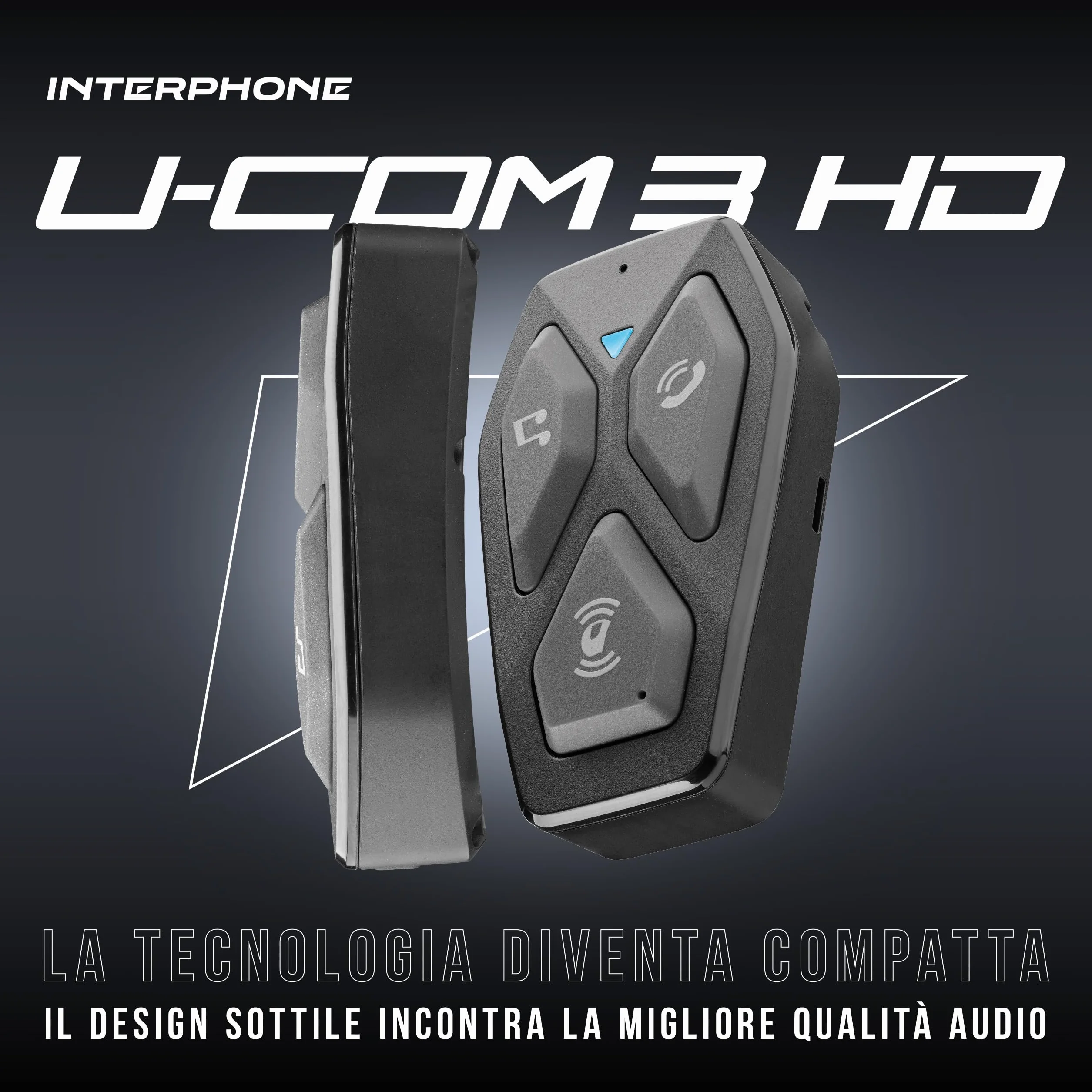INTERPHONE U-COM 3HD Singolo, Interfono moto di gruppo per 4 utenti fino a 500mt, Interfono casco Bluetooth 5.1 con auricolari HD 40mm per musica, chiamate e GPS, Autonomia 10h e impermeabile IP67