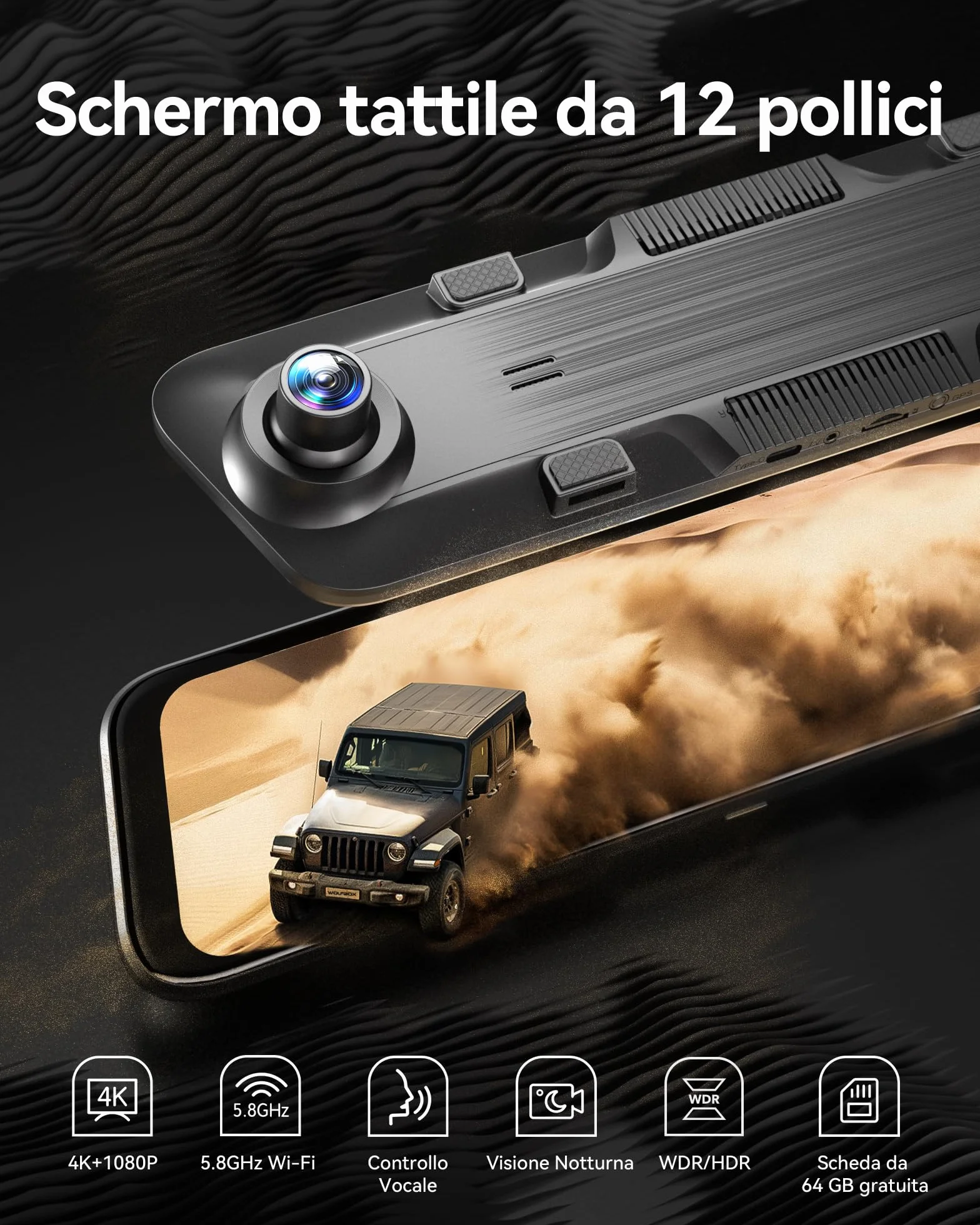 WOLFBOX 12" 4K Telecamera per Specchietto Retrovisore Auto con 5.8GHz WiFi e Controllo Vocale, Doppia Specchio Dash Cam con 1080P WDR Backup Camera, Monitor di Parcheggio, Scheda 64GB & GPS (G850)