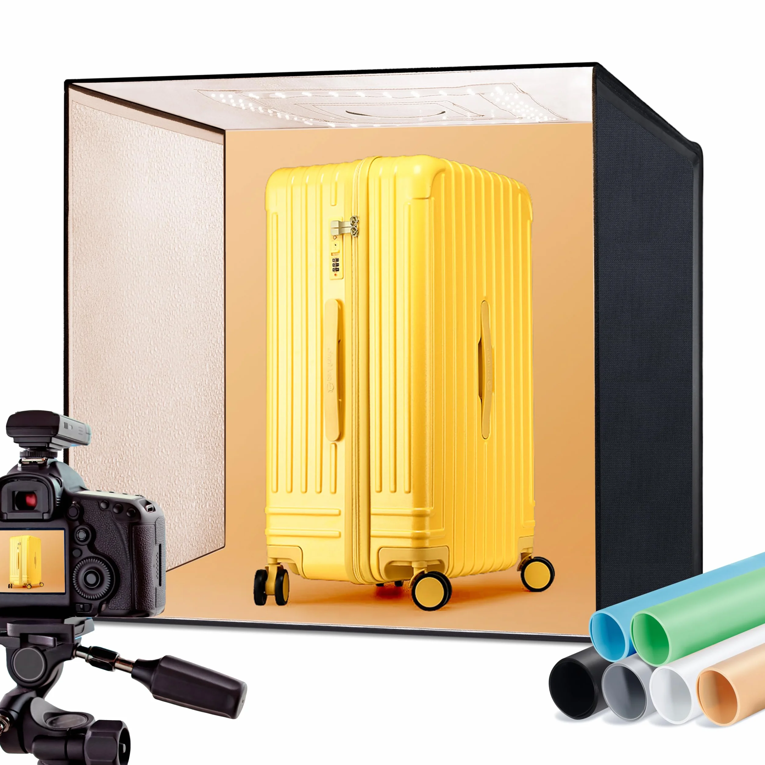 RALENO 60X60 cm Photo Studio Luce Scatola, Kit Tenda Luce da Regolabile Pieghevole da 65W con 156 Luci LED-5500 K, CRI 97, Includere 6 PVC Sfondi Fotografici