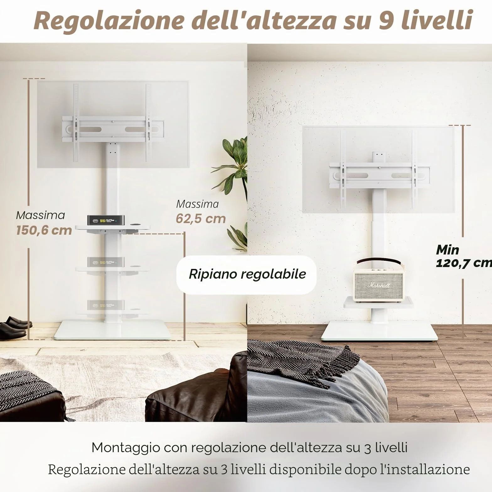 AX2006TW - Supporto universale per TV da pavimento con supporto girevole a 70 gradi, altezza regolabile a 9 livelli, design salvaspazio per la maggior parte dei televisori LCD, LED OLED da 27 a 65