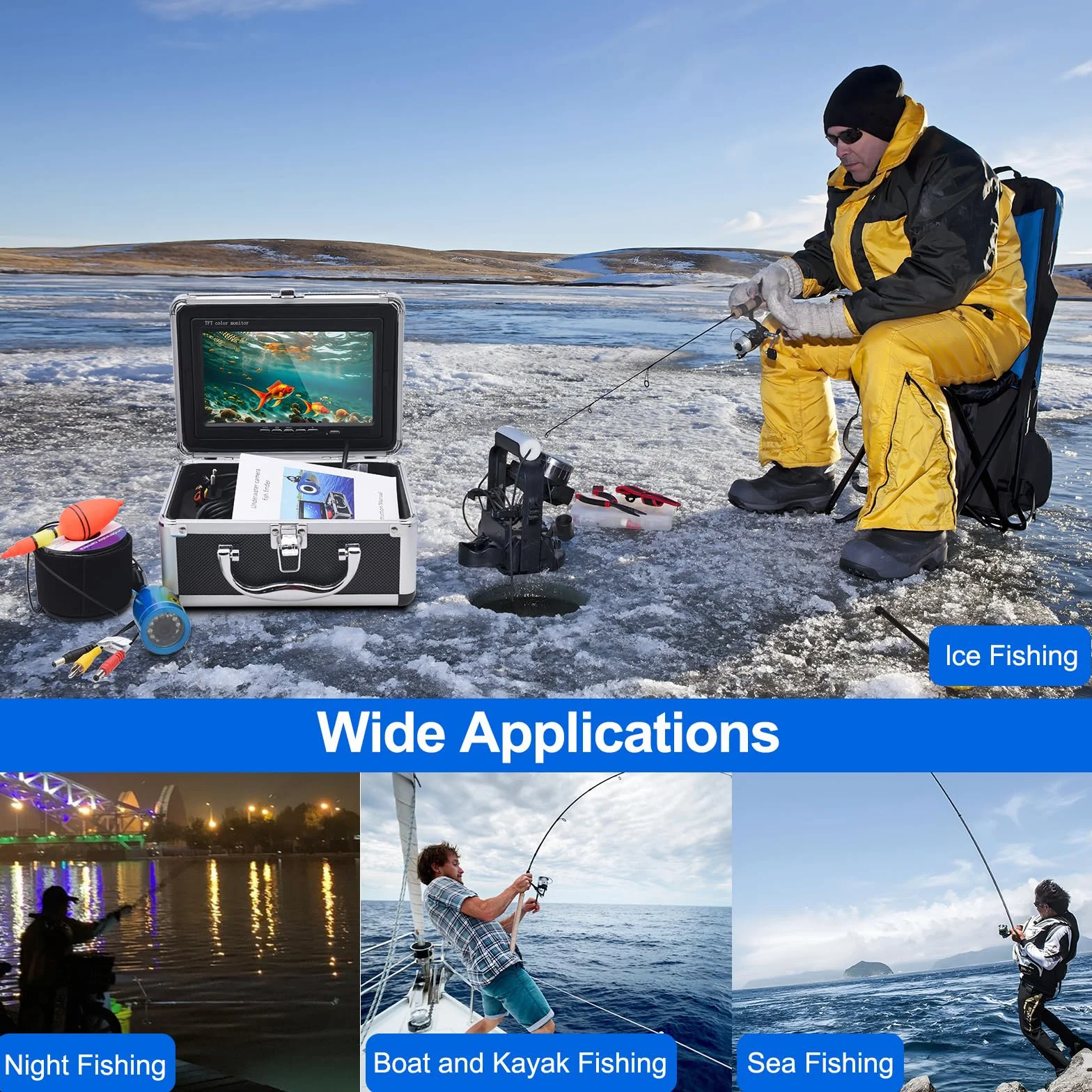 KAOLALI Fotocamera da Pesca subacquea, 7''Fotocamera di Rilevatore di Pesci Schermo LCD HD 1080P Fotocamera subacquea Pesca Impermeabile per Pesca sul Ghiaccio Lago e Barca Cavo 15/30/50M