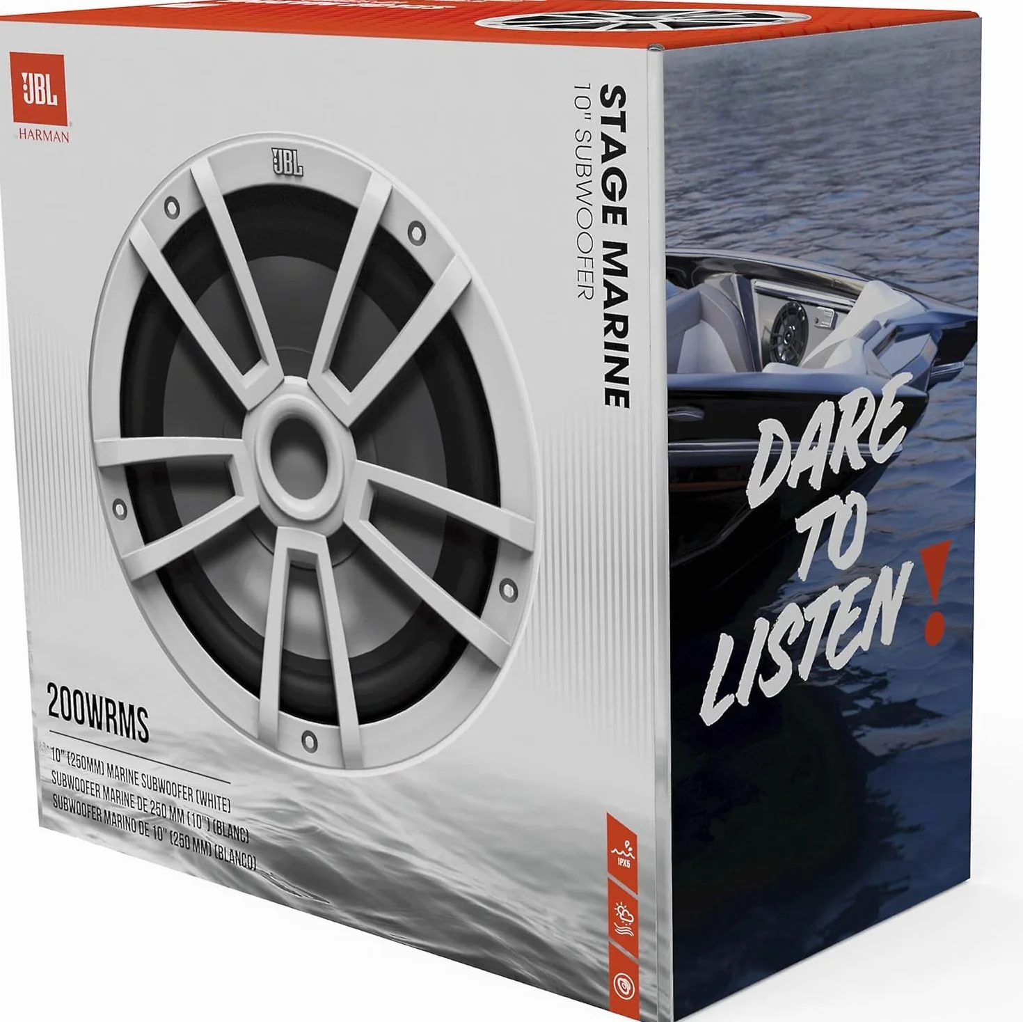 JBL Stage Marine 10 Subwoofer 250mm con 200W RMS e 600W Peak 88dB sensibilità 30Hz–250Hz 4 ohm design marino resistente ideale per imbarcazioni offrendo bassi profondi e prestazioni affidabili